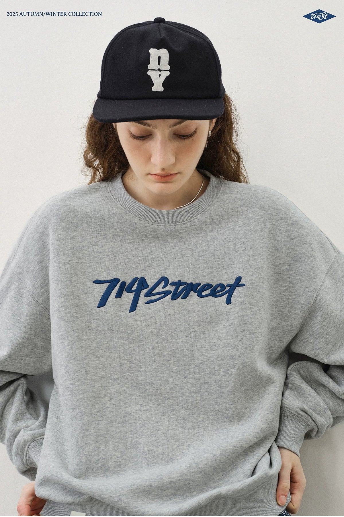 714Street Low Shoulder Sleeves Loose Silhouette Crew Neck Fleece Sweater
