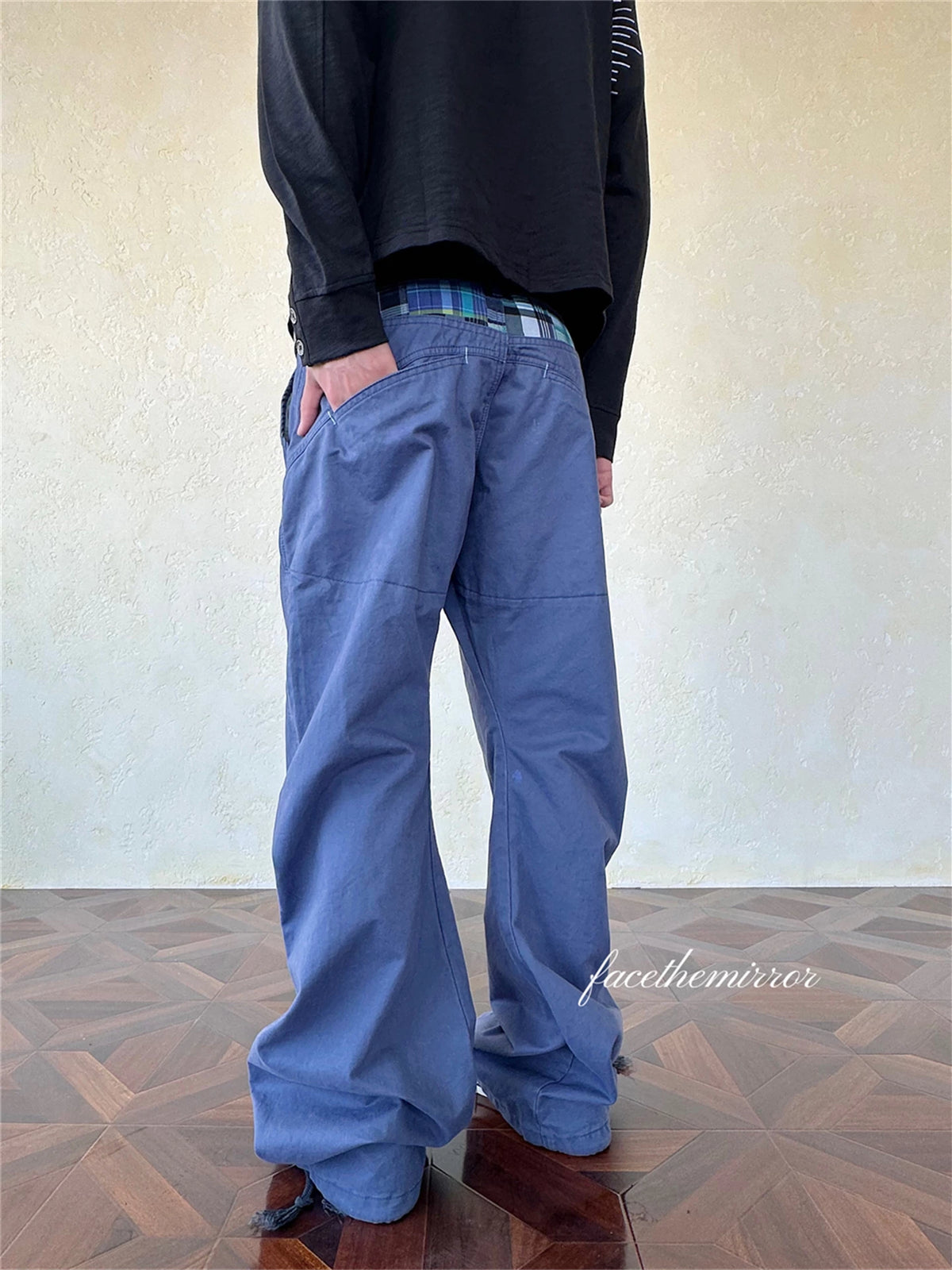 Face the mirror 3D Patchwork Plaid 400g Loose Wide-Leg Pants