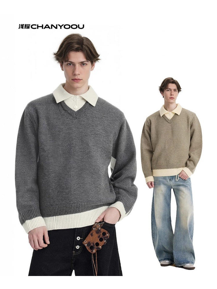 CHANYOOU Retro Color Matching Fake Two-piece POLO Neck Knitted Sweater