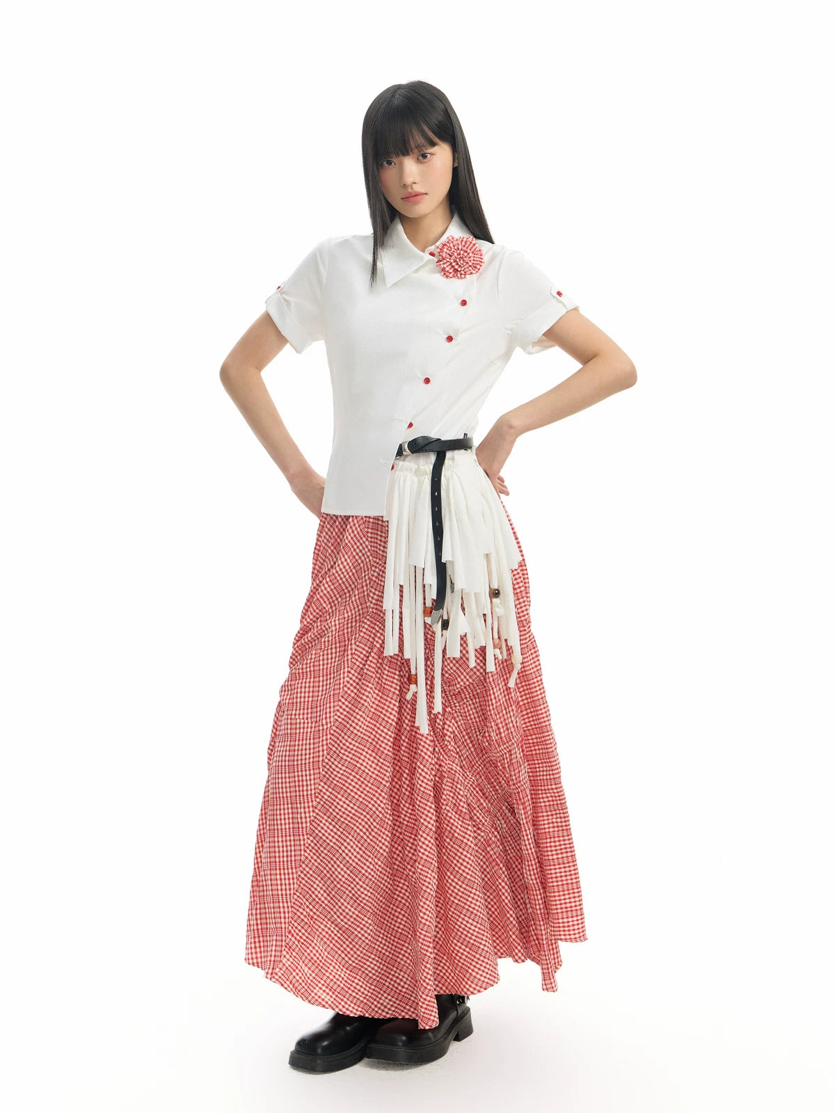 TGNS Klingsor's Red Plaid Irregular Hem Midi Skirt