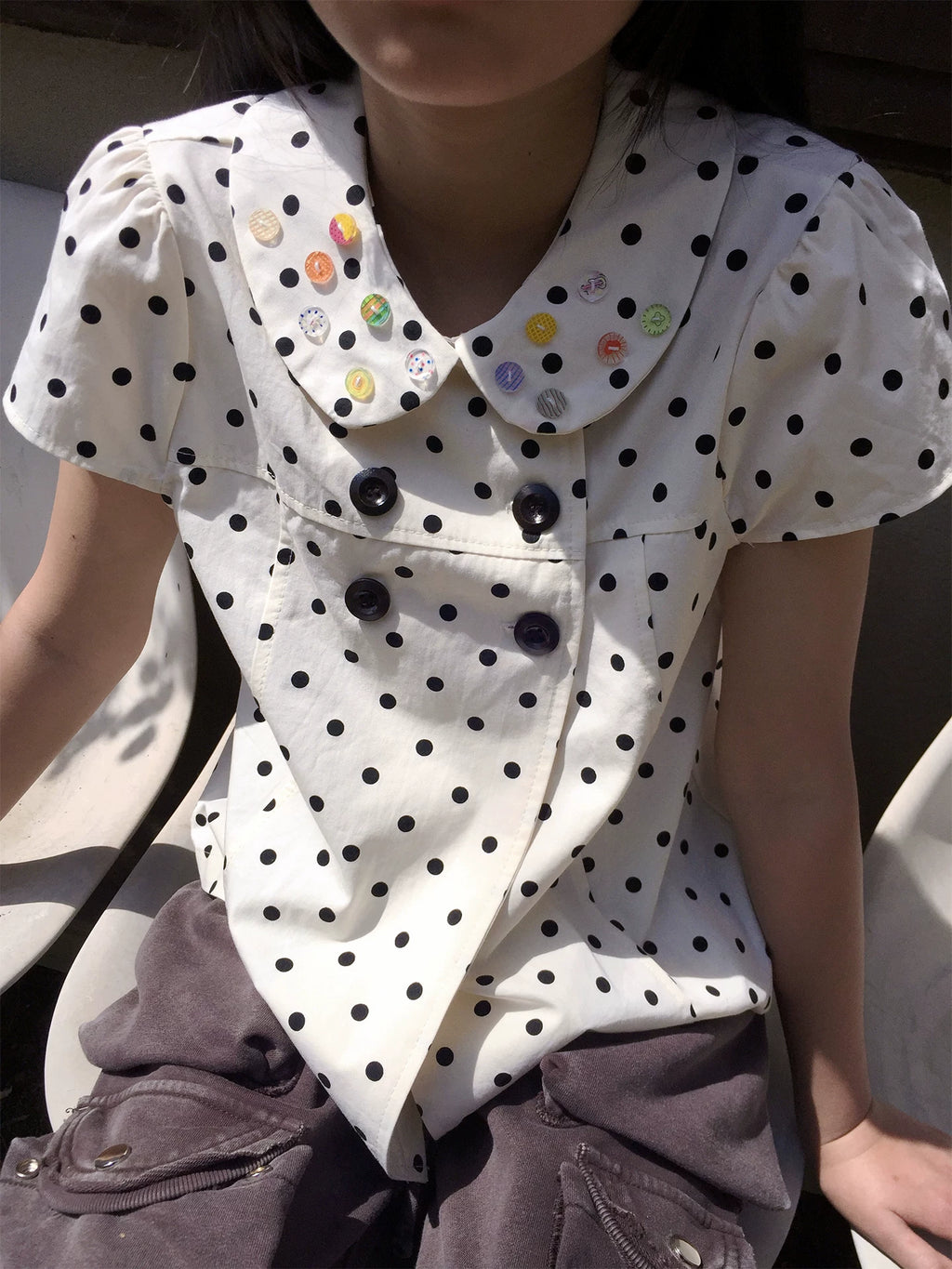 3months Polka Dot Button Bubble Sleeve Blouse