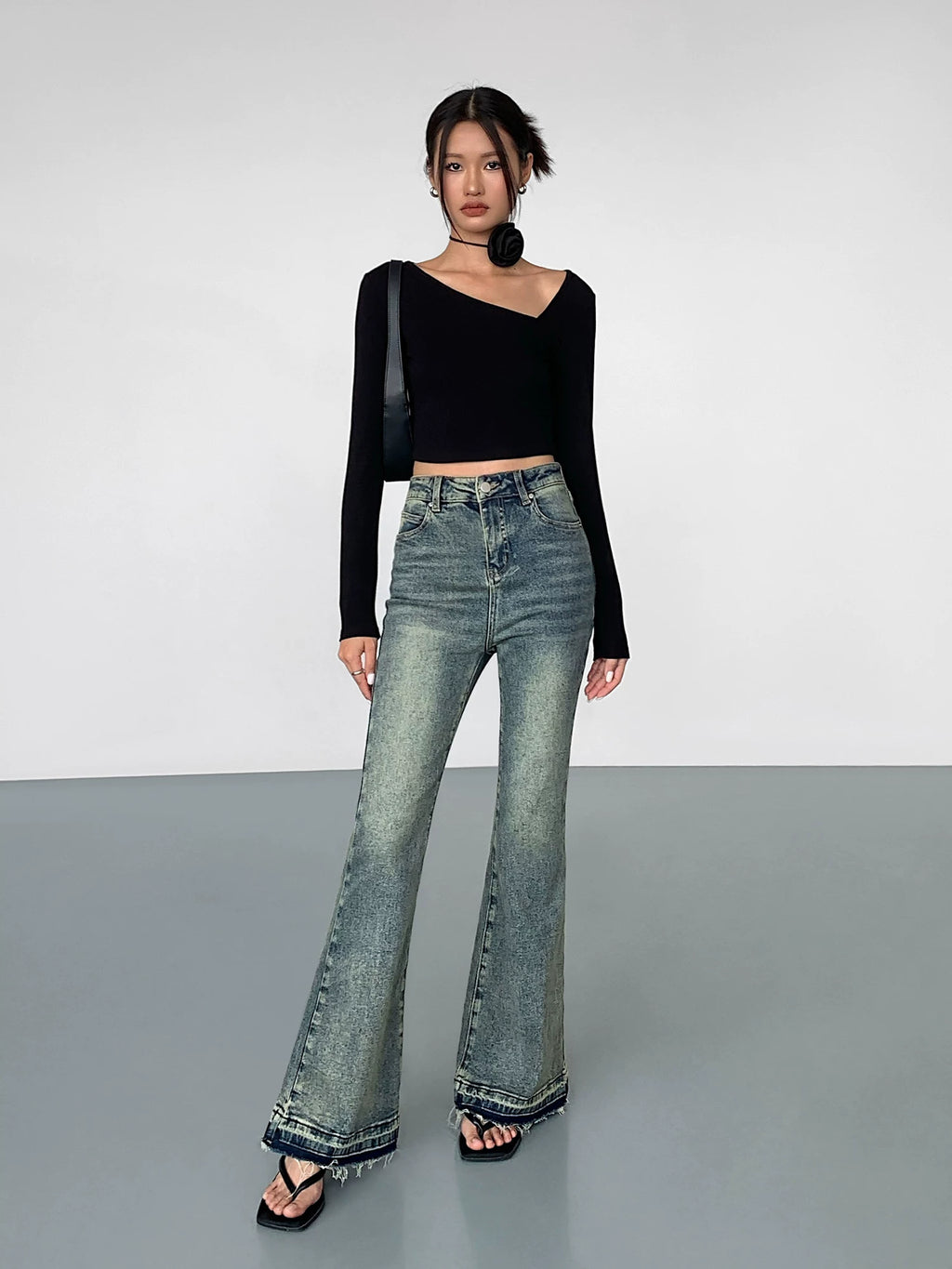 OUSPH Vintage High Waist Burr Edge Pull Jeans(clearance)