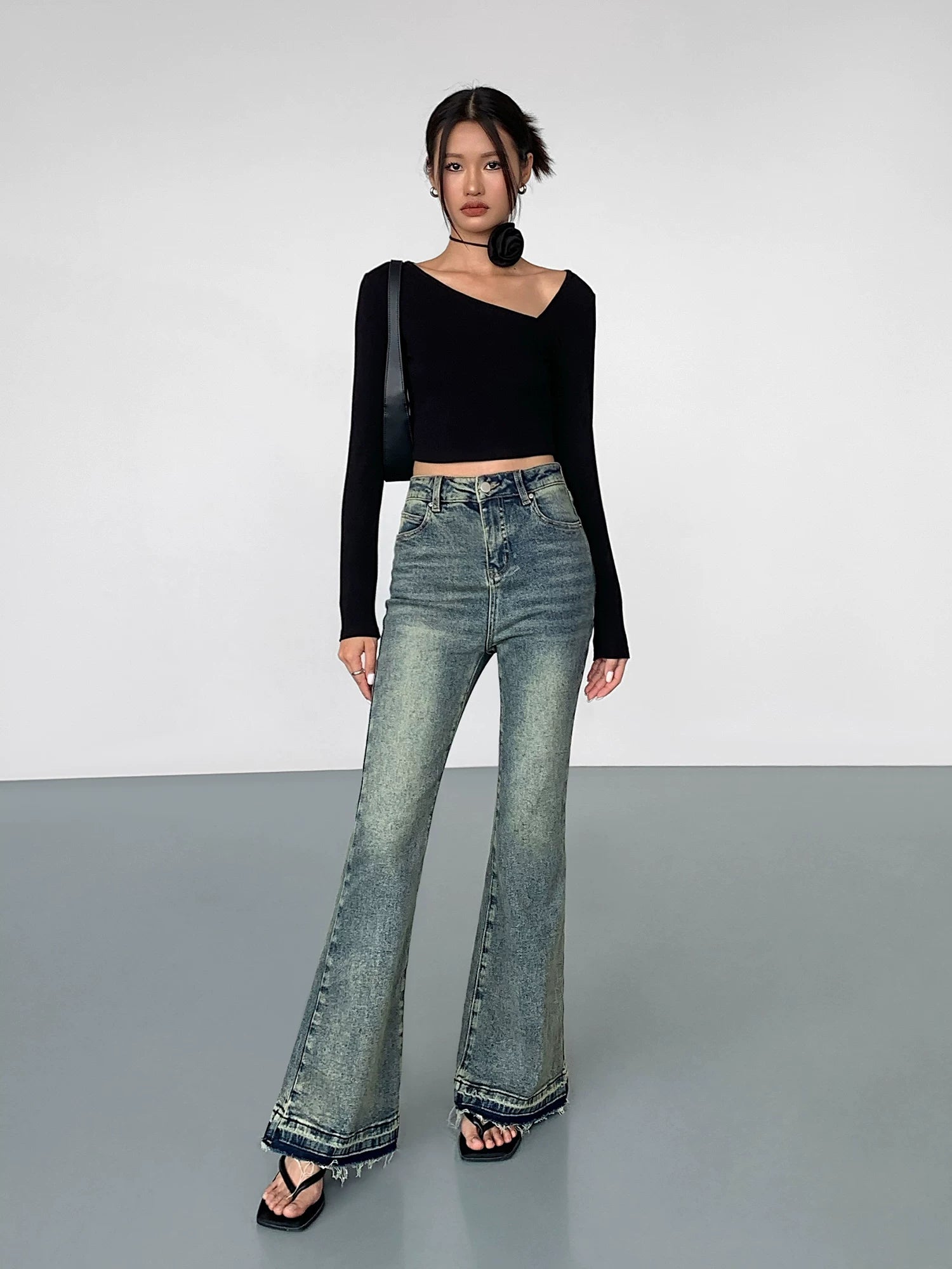 OUSPH Vintage High Waist Burr Edge Pull Jeans(clearance)
