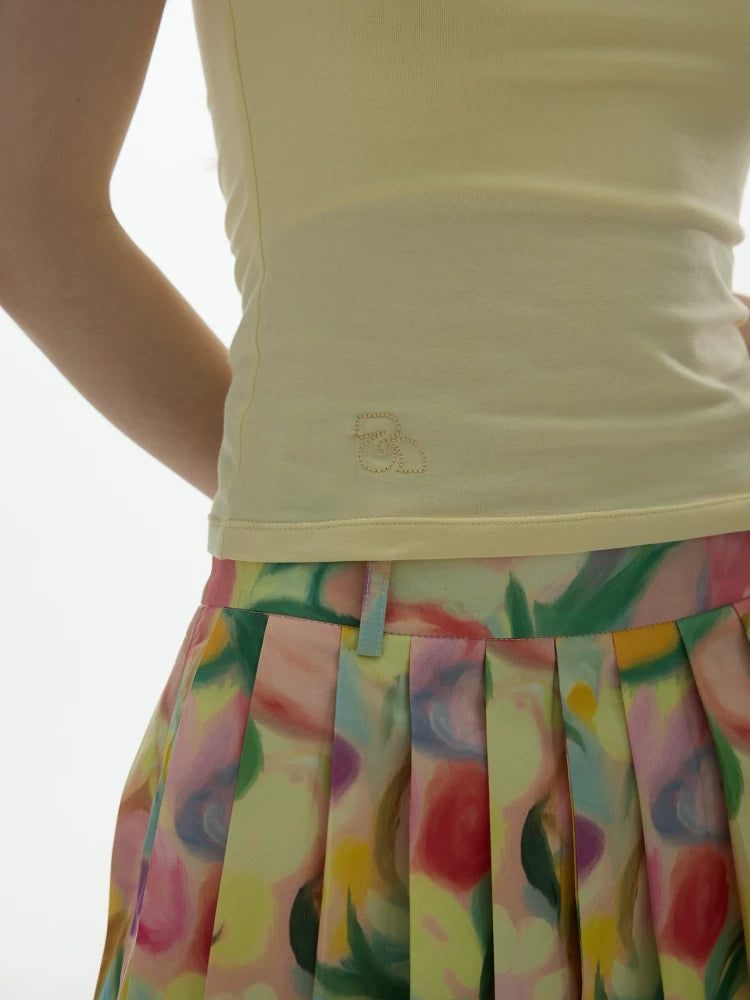 Yawhat Cotton Floral Pleated A-Line Midi Skirt