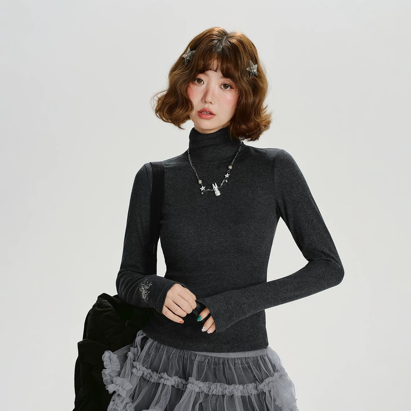Girlyhalo Retrohigh Collarembroidersilmslimming Looklong Sleeves
