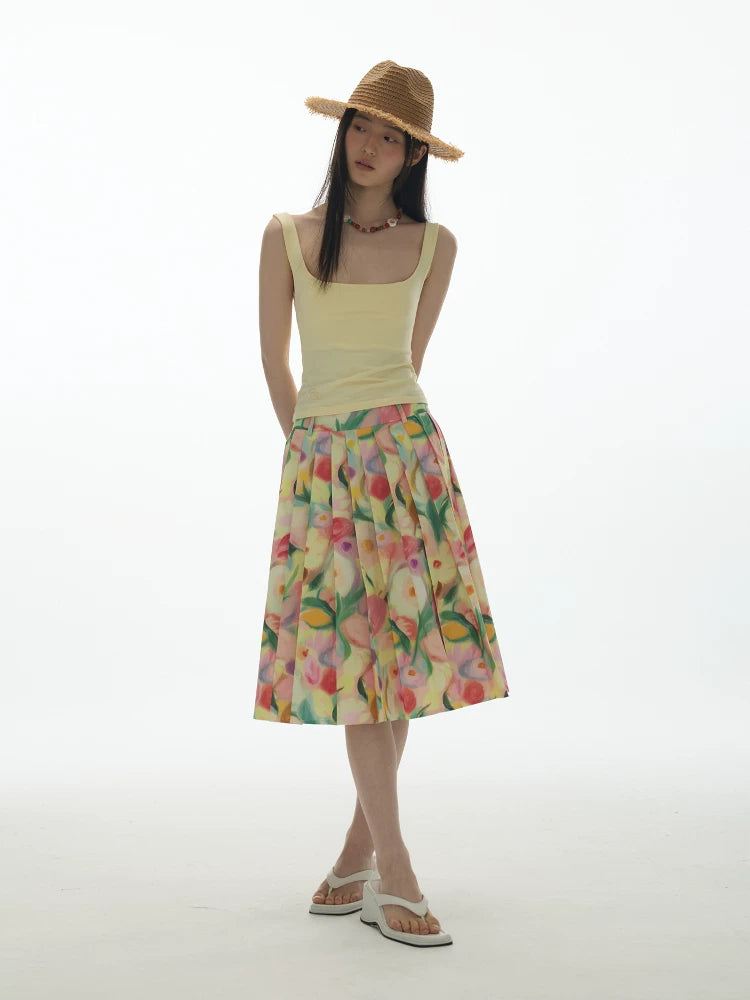 Yawhat Cotton Floral Pleated A-Line Midi Skirt
