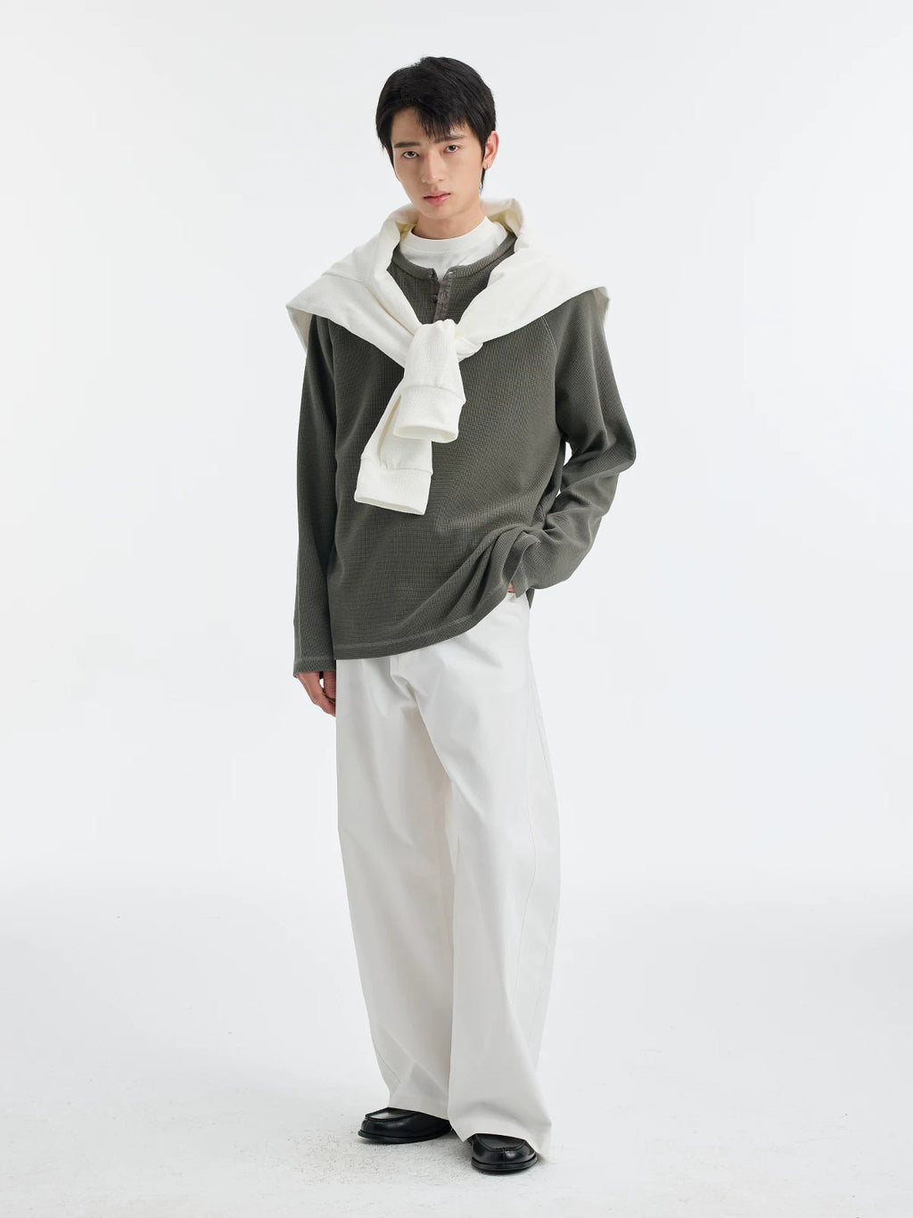 BUTTBILL Henry Neck Waffle Long Sleeve Sweater