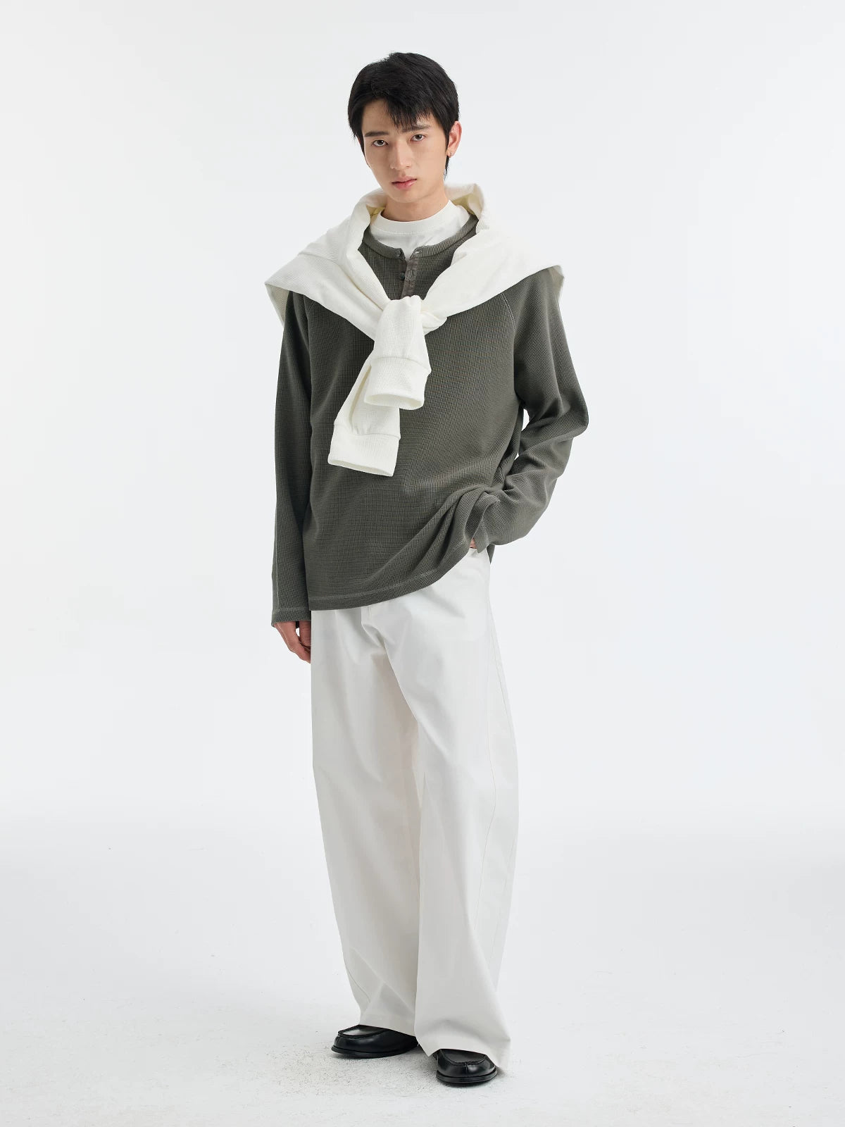 BUTTBILL Henry Neck Waffle Long Sleeve Sweater