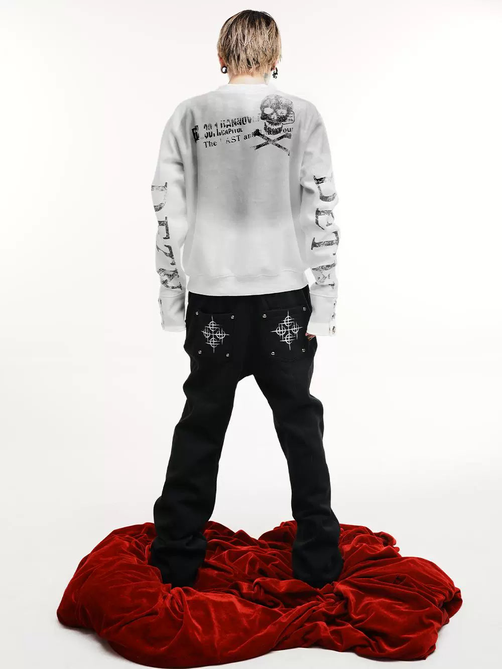 DETW 24AW spray dirty splicing breasted short wide boxy 350g round neck long sleeve pure cotton sweater