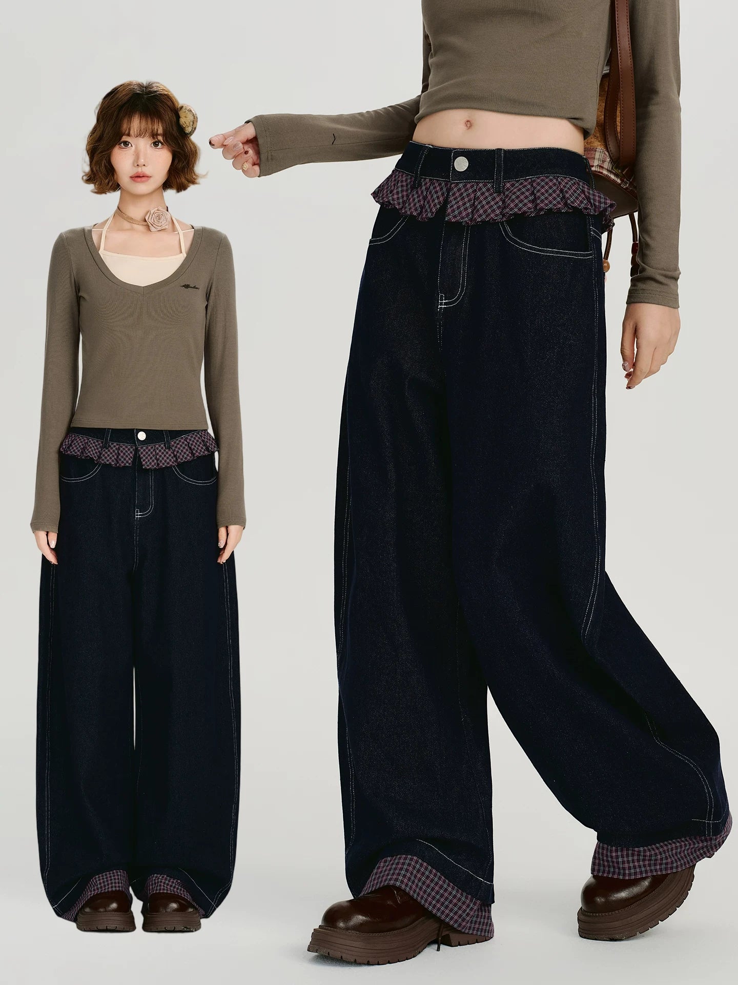 Girlyhalo Vintage Checked Lace Splicing Denim Scimitar Pants