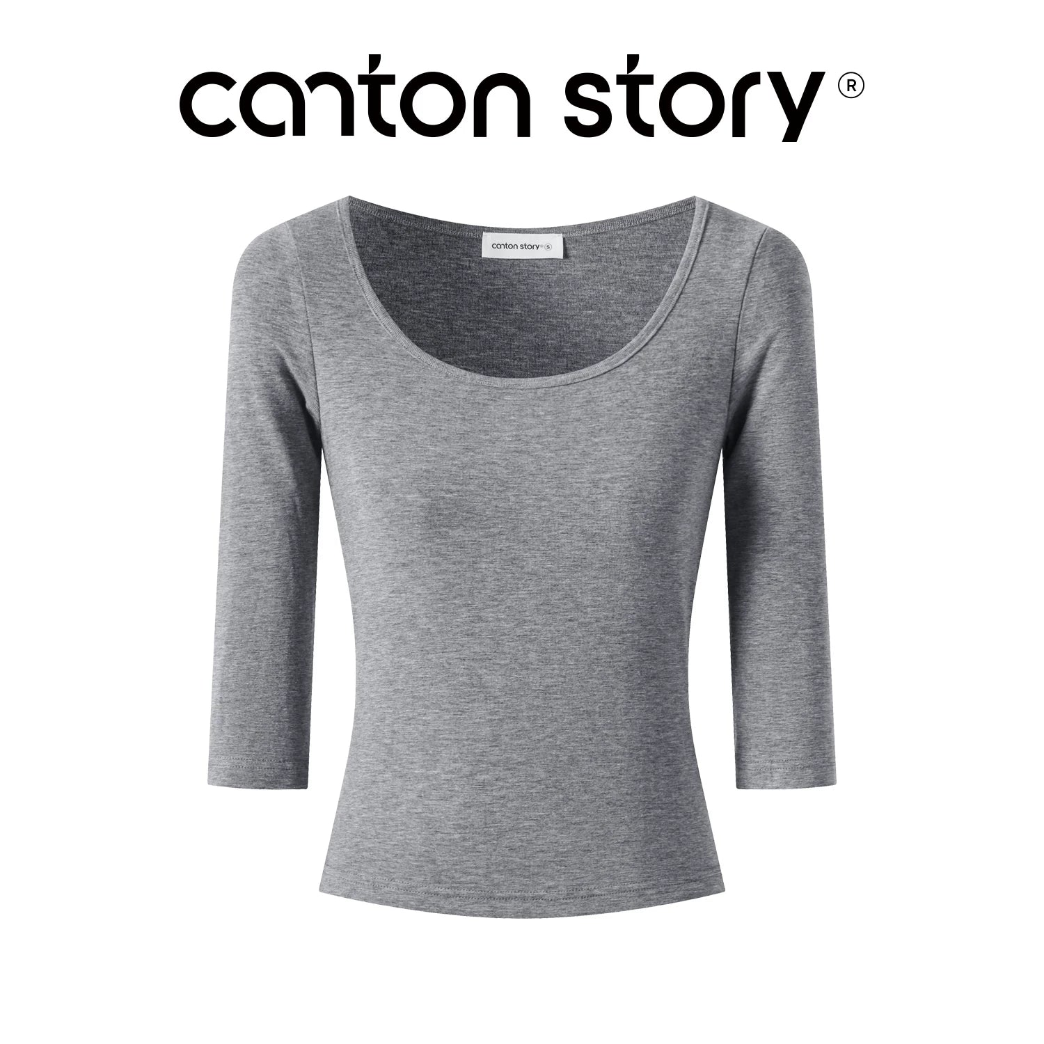 Cantonstory White U-Neck Fitted Long-Sleeve Tee