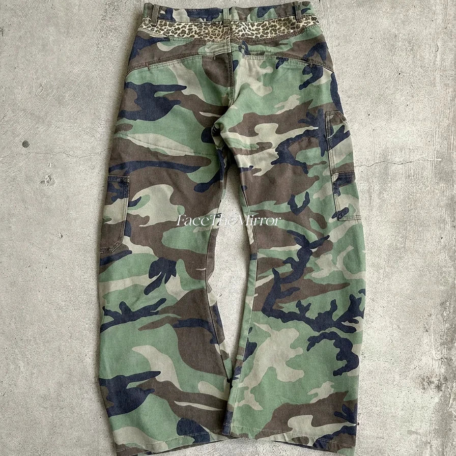 Face the mirror FTM Leopard Patch Curved Pleated Cargo Lumberjack Pants Washed Vintage