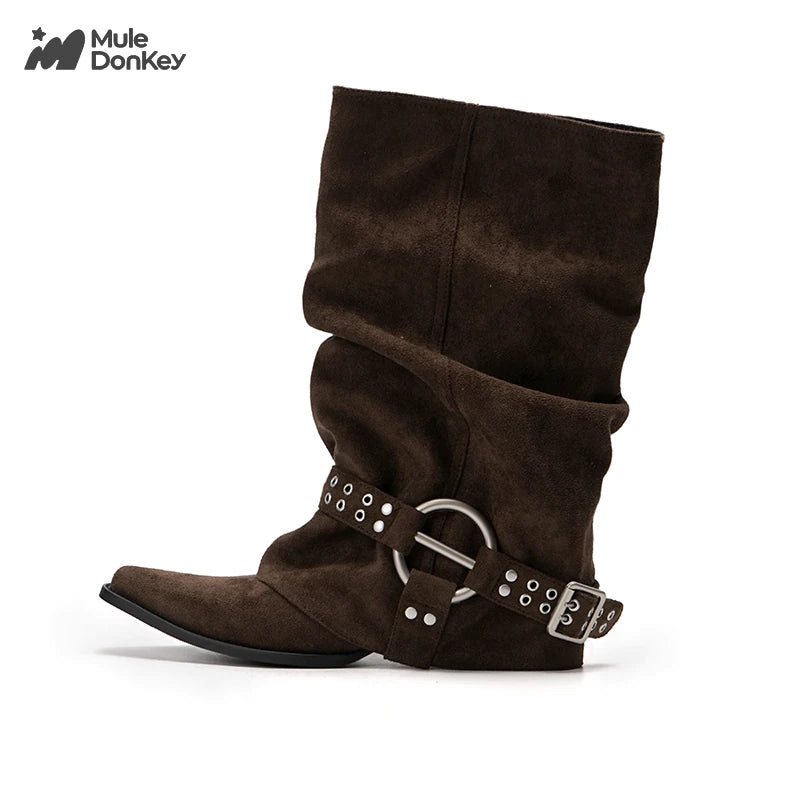 Mule Donkey Suede Pointed-Toe Western Mid-Calf Boot