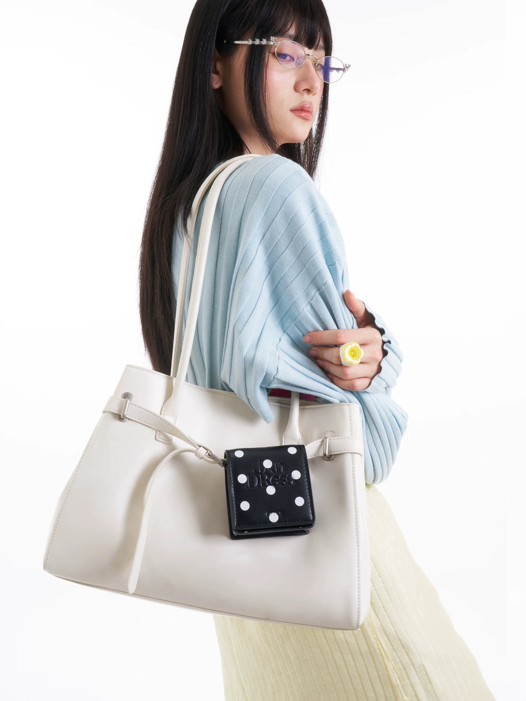 JANDRESS White Soft Leather Shoulder Bag with Magnetic Snap