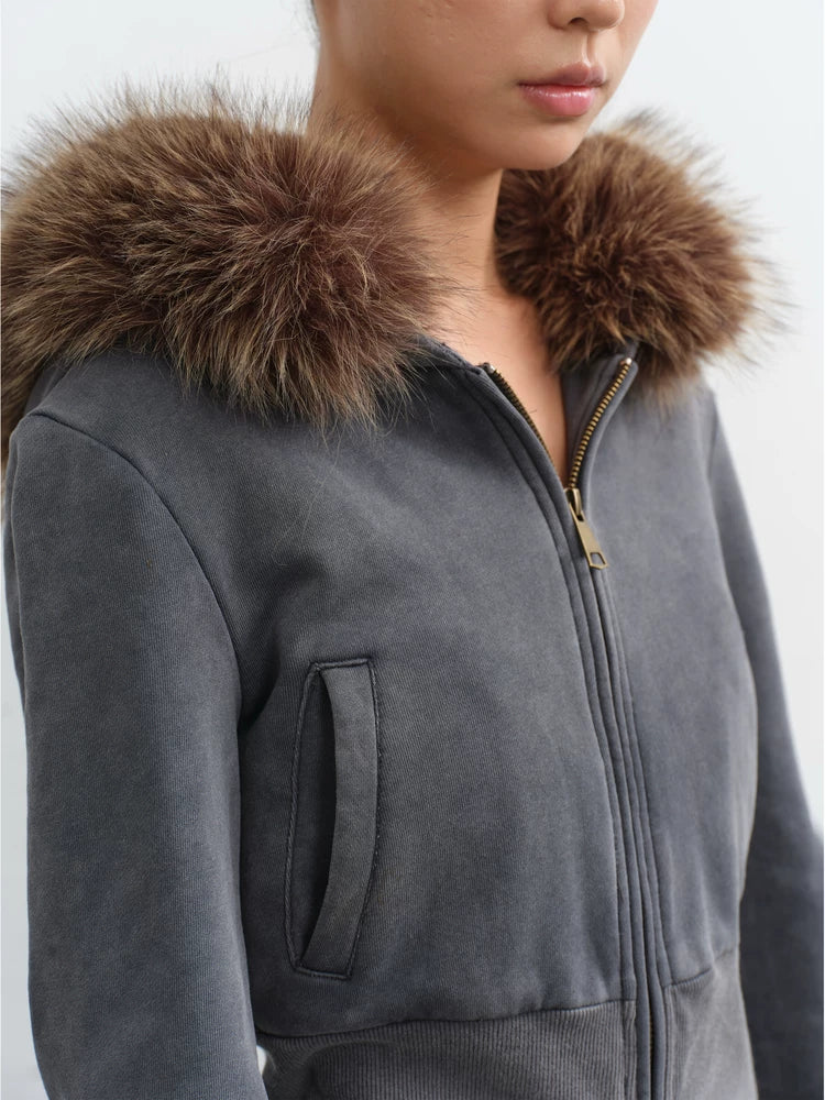 LINY LIBERTY Detachable Fur Collar Cropped Sweatshirt and Sweatpants Set