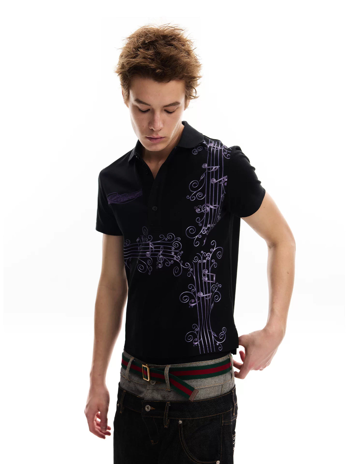 No E Mosen Purple Vine Music Note Print Casual Tee