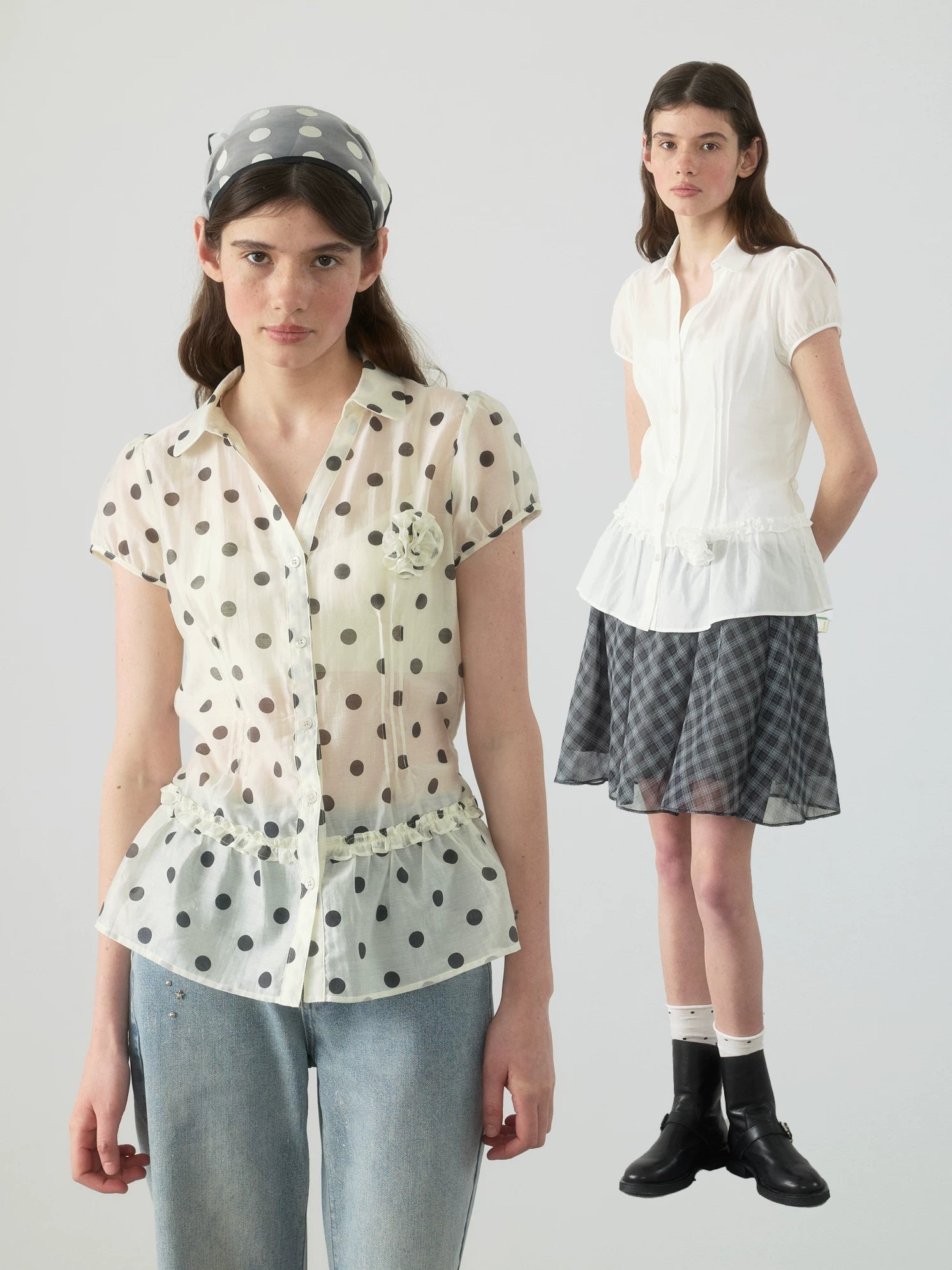 Yawhat Tencel Bubble Sleeve Tie-Front Blouse