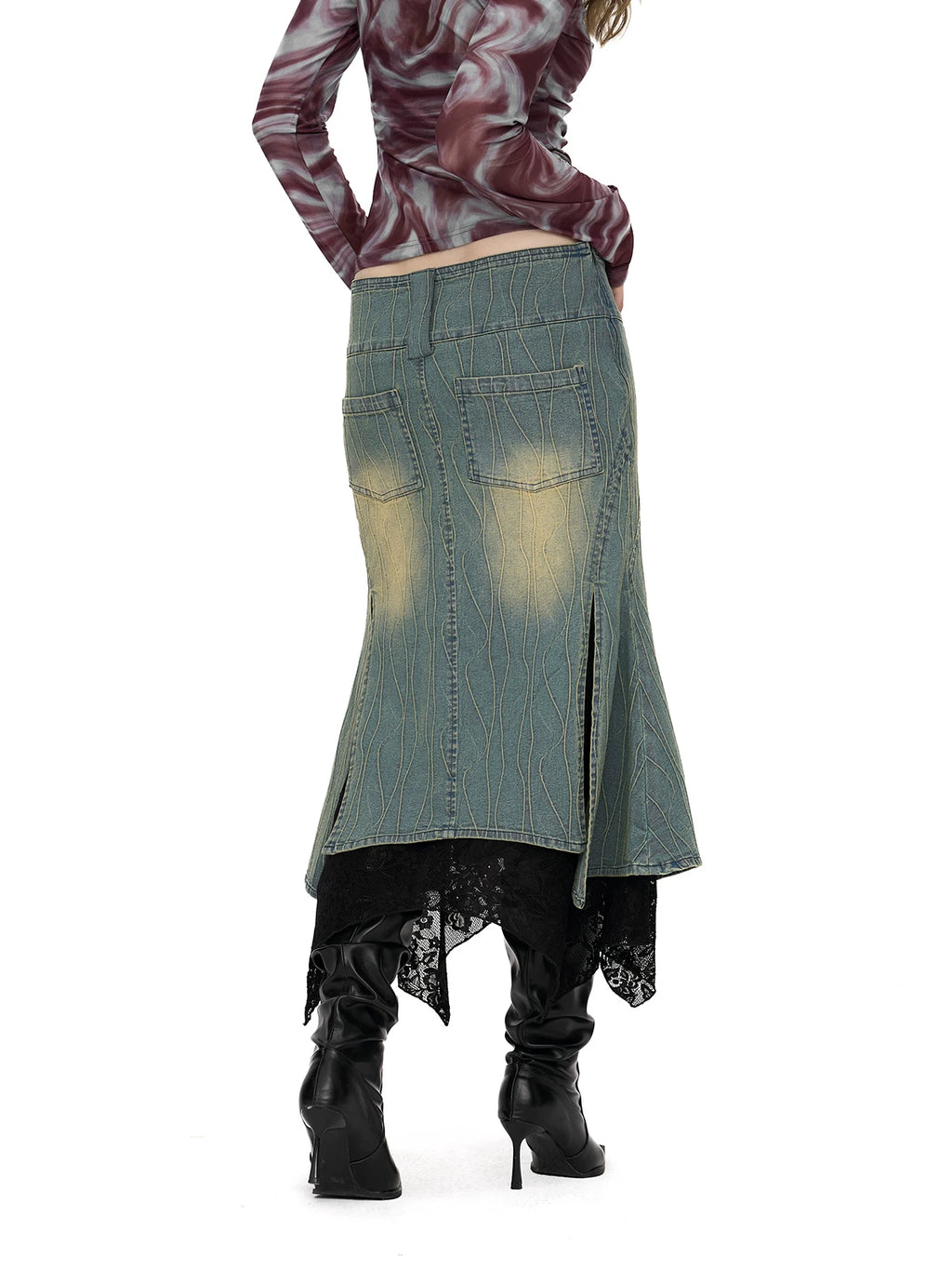 COSTUSTOOT Denim Patchwork Lace Mermaid Skirt