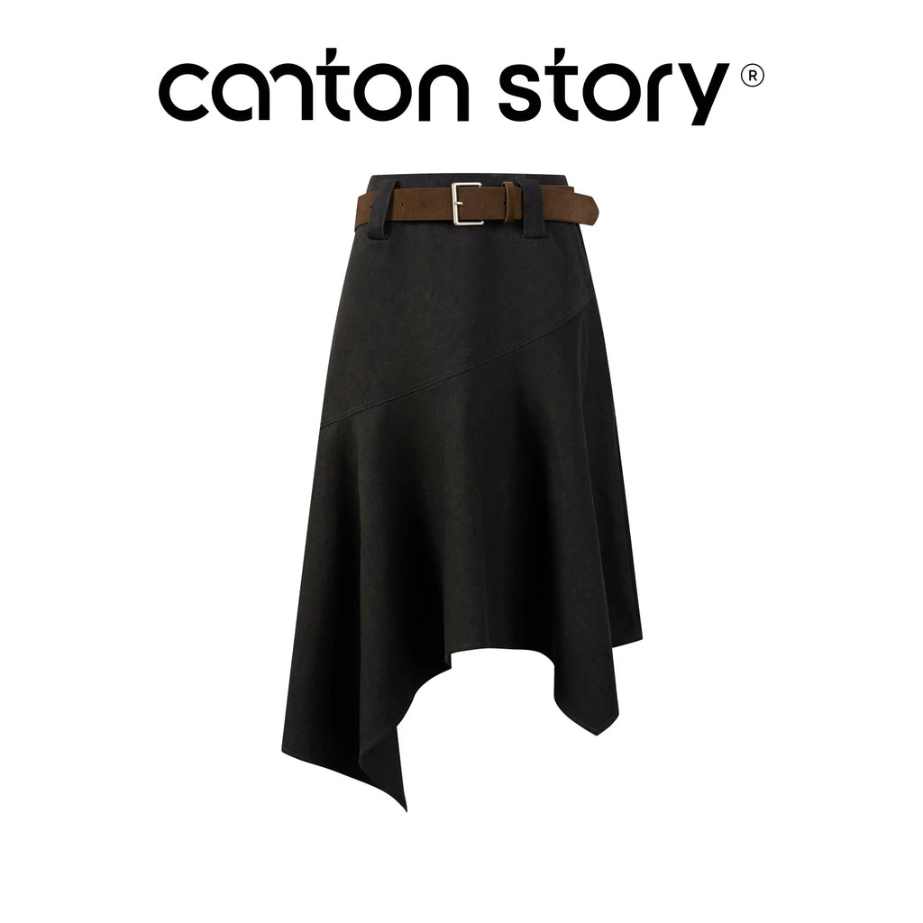 Cantonstory Black Irregular High-Waist A-Line Midi Skirt