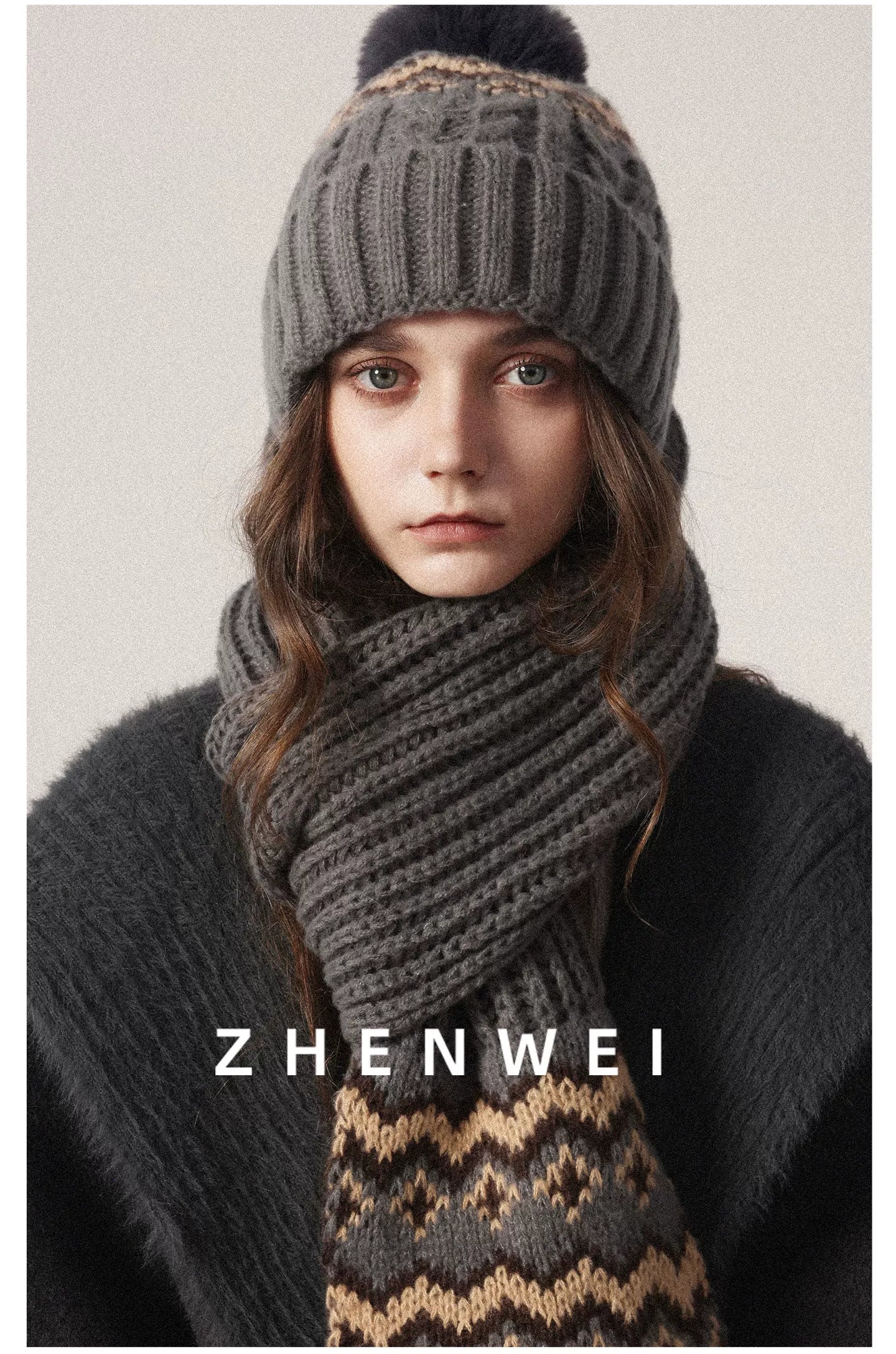 ZHENWEI Knitted Jacquard Thermal Suit Hat Scarf