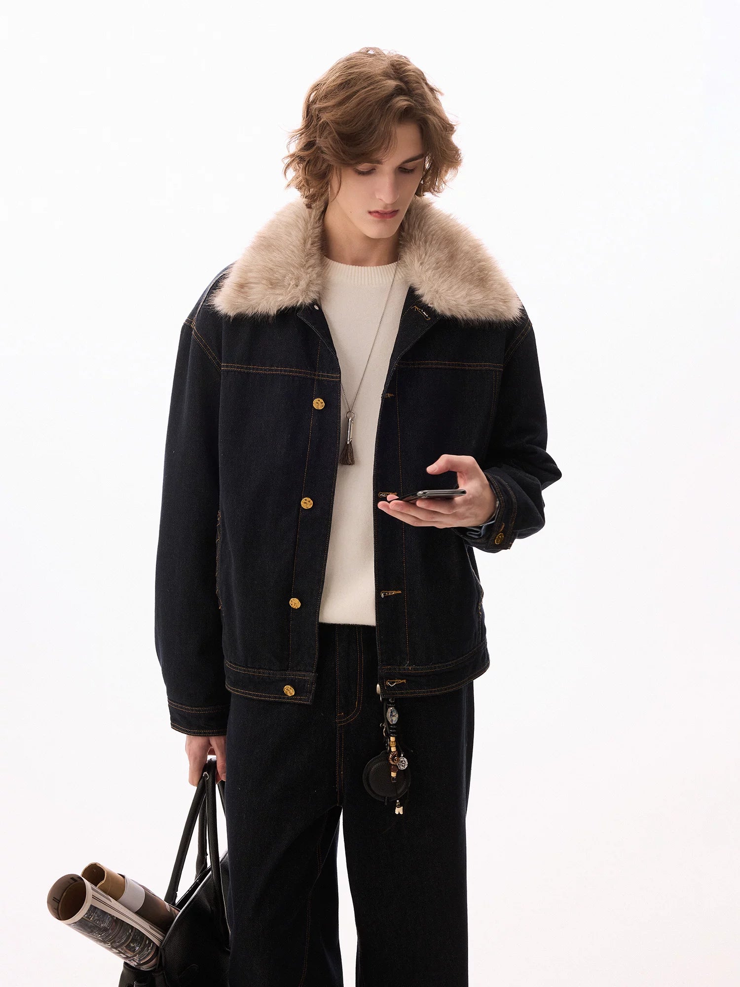 CHOR Fur Collar 500g Denim Jacket Set