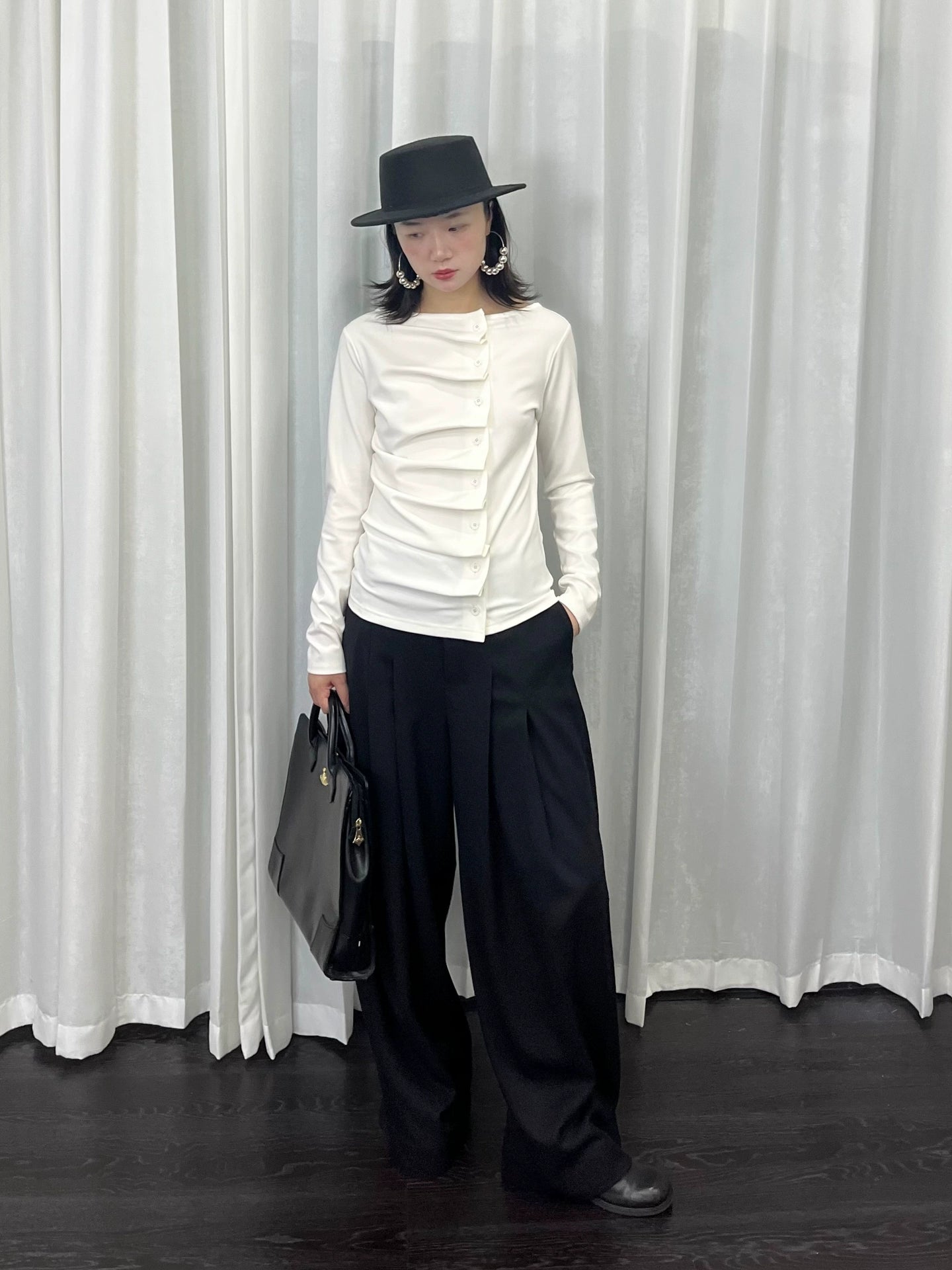 Loosesmell Pleated Versatile Simple Long Sleeves