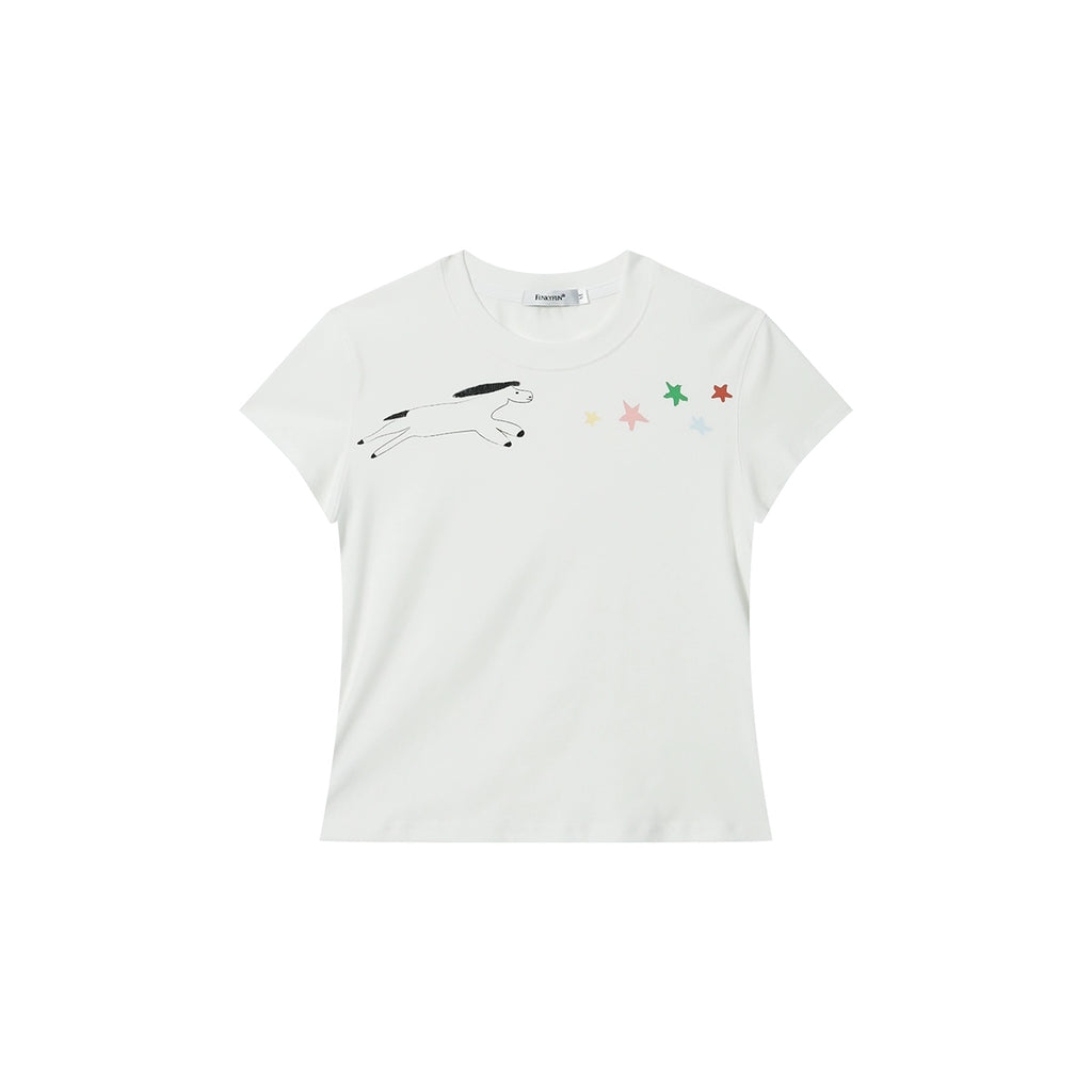 FUNKYFUN Hand-drawn Cartoon Pegasus Star Print Elastic Tee
