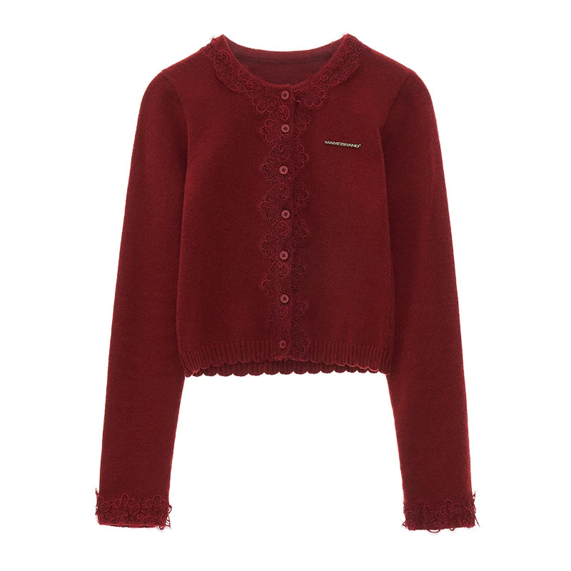 MAMC Lace Trim Cropped Knit Cardigan