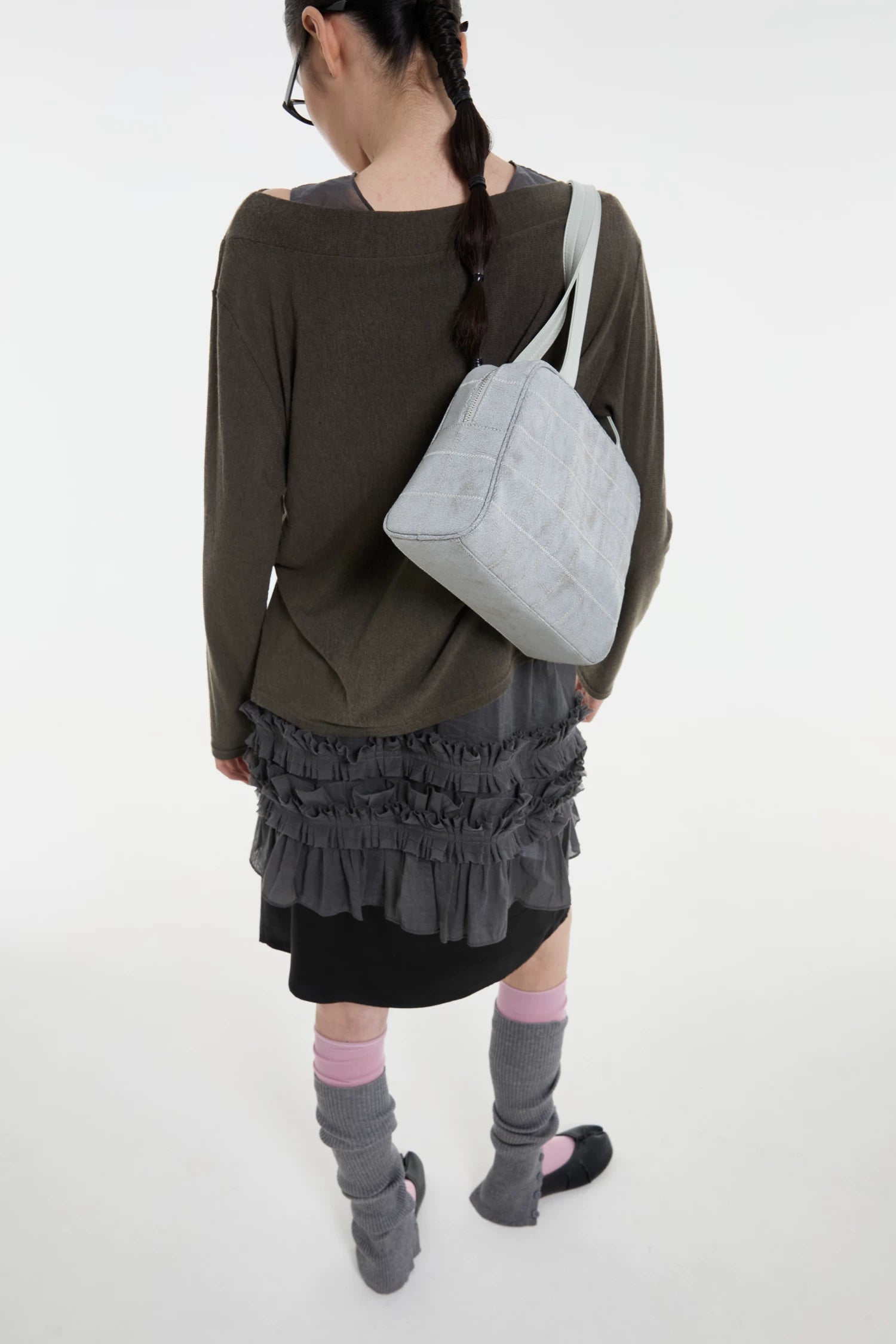 DIRTY SIX Gray Woven Fabric Zip-Top Shoulder Bag
