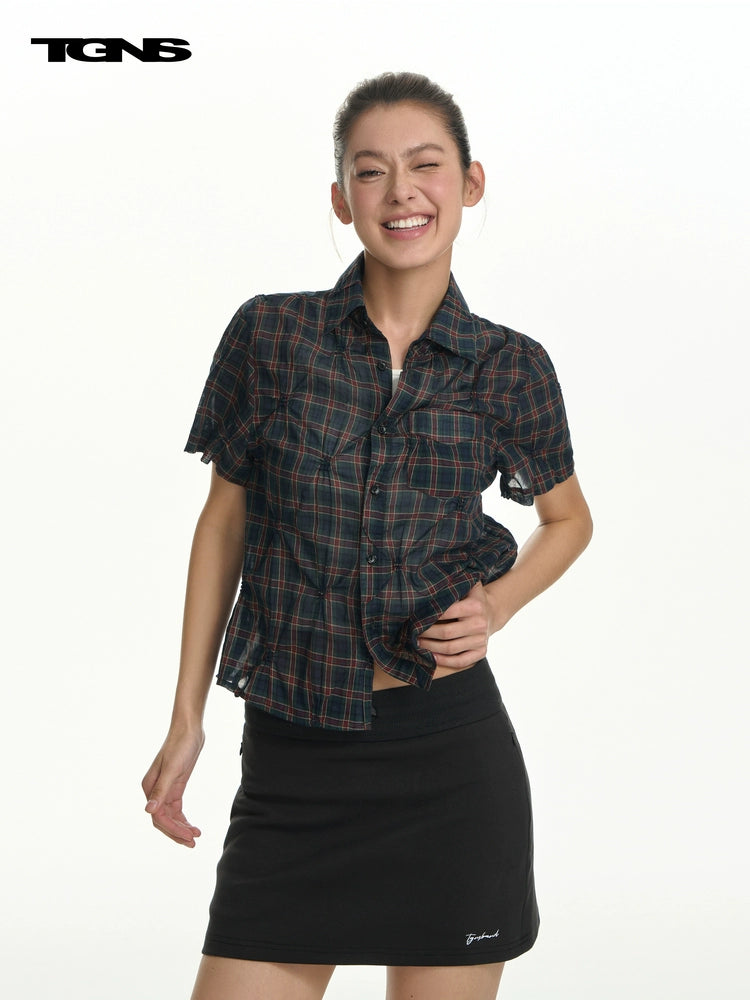 TGNS Woven Plaid Front Shoulder Short-sleeved Shirt