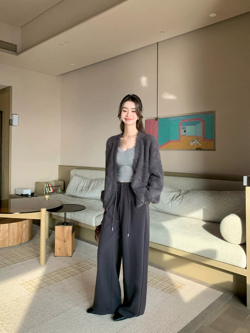 Pusumede  V-neck Loose Imitation Mink Cardigan