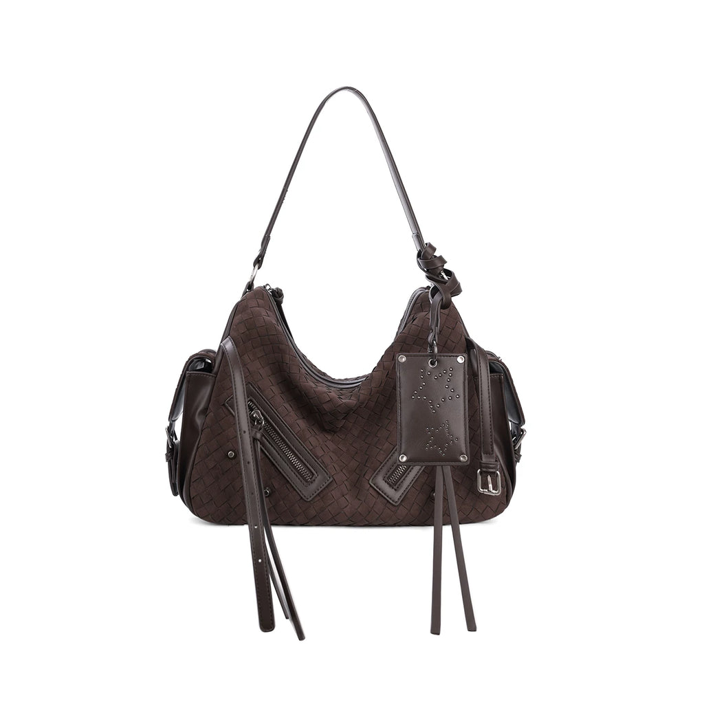 JANDRESS Dark Brown Woven Faux Leather Zip-Top Hobo Shoulder Bag