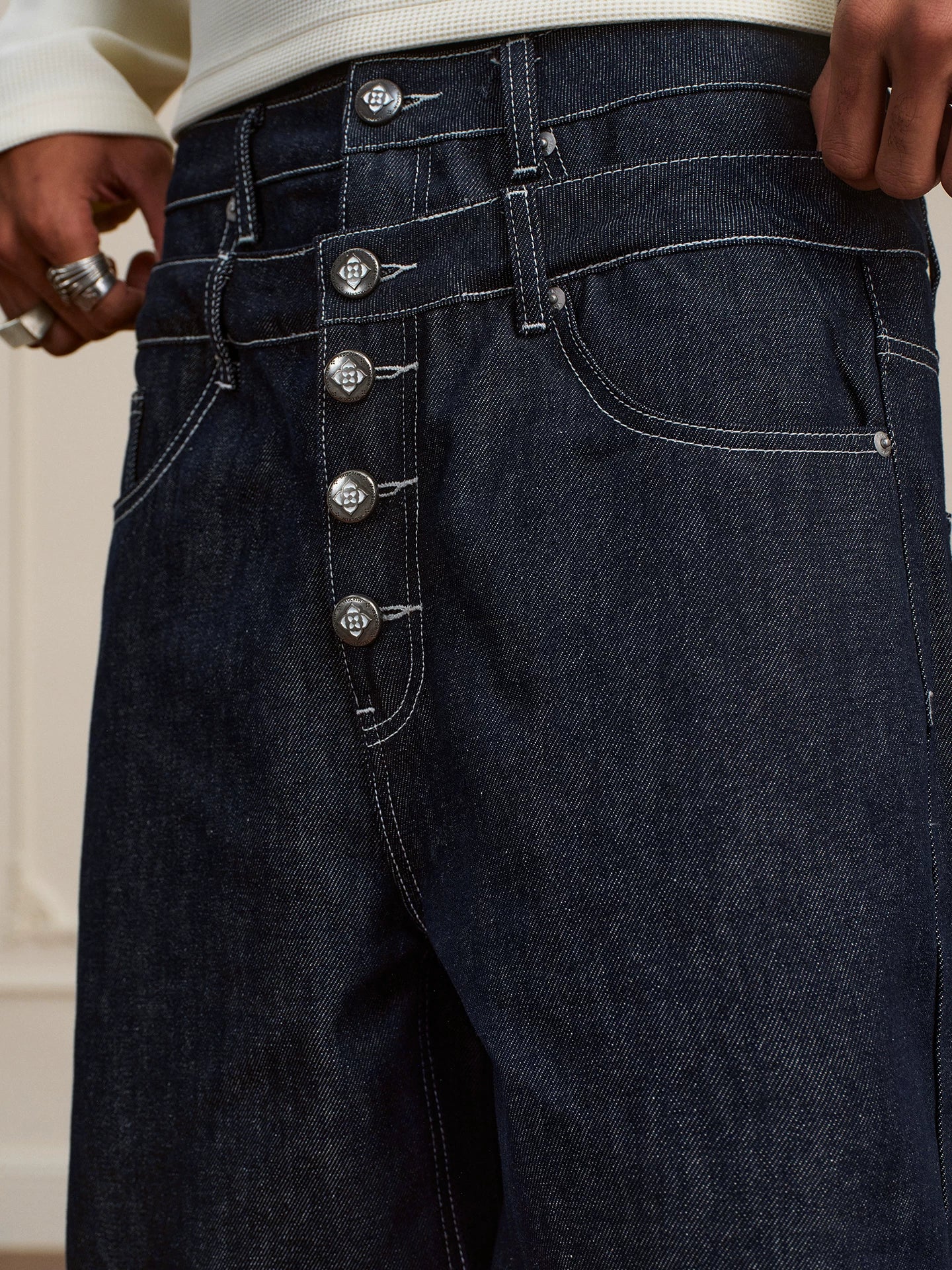 YADcrew Retro Vintage Black Wash Heavy Double Waist Micro Pull Jeans