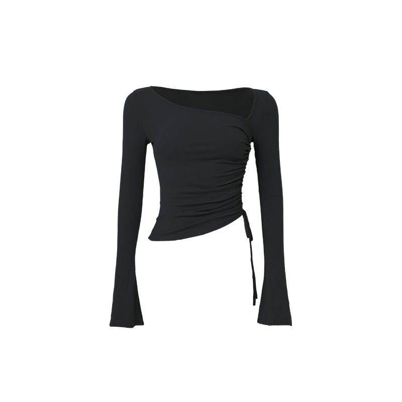 ABMY Slanted Shoulder Irregular Spice Girl Drawstring Versatile Bottoming Shirt