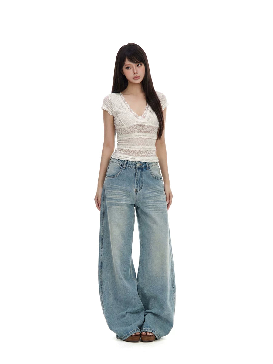 WITHMIN Vintage Straight Wide Leg Floor Mopping Jeans