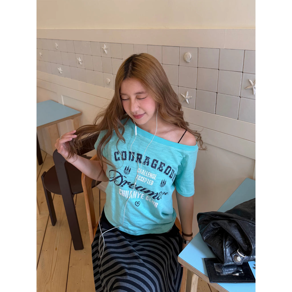 CCYE Letter Print Off-Shoulder Cropped Tee