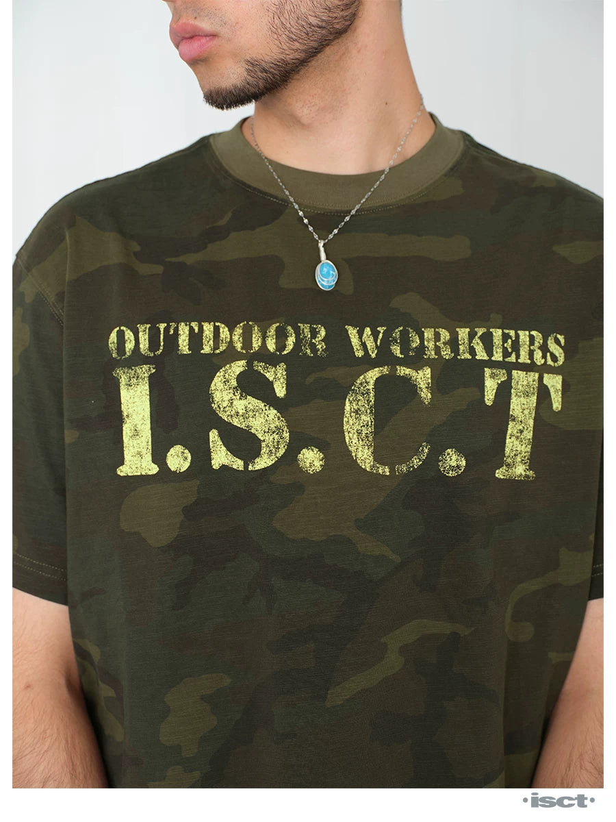 COMICTREE Old Front Shoulder Crew Neck Camouflage Tee