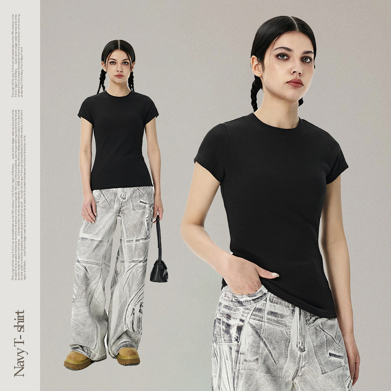INF 270G Elastic Skinny Navy Heavy Women Slim Short Tee