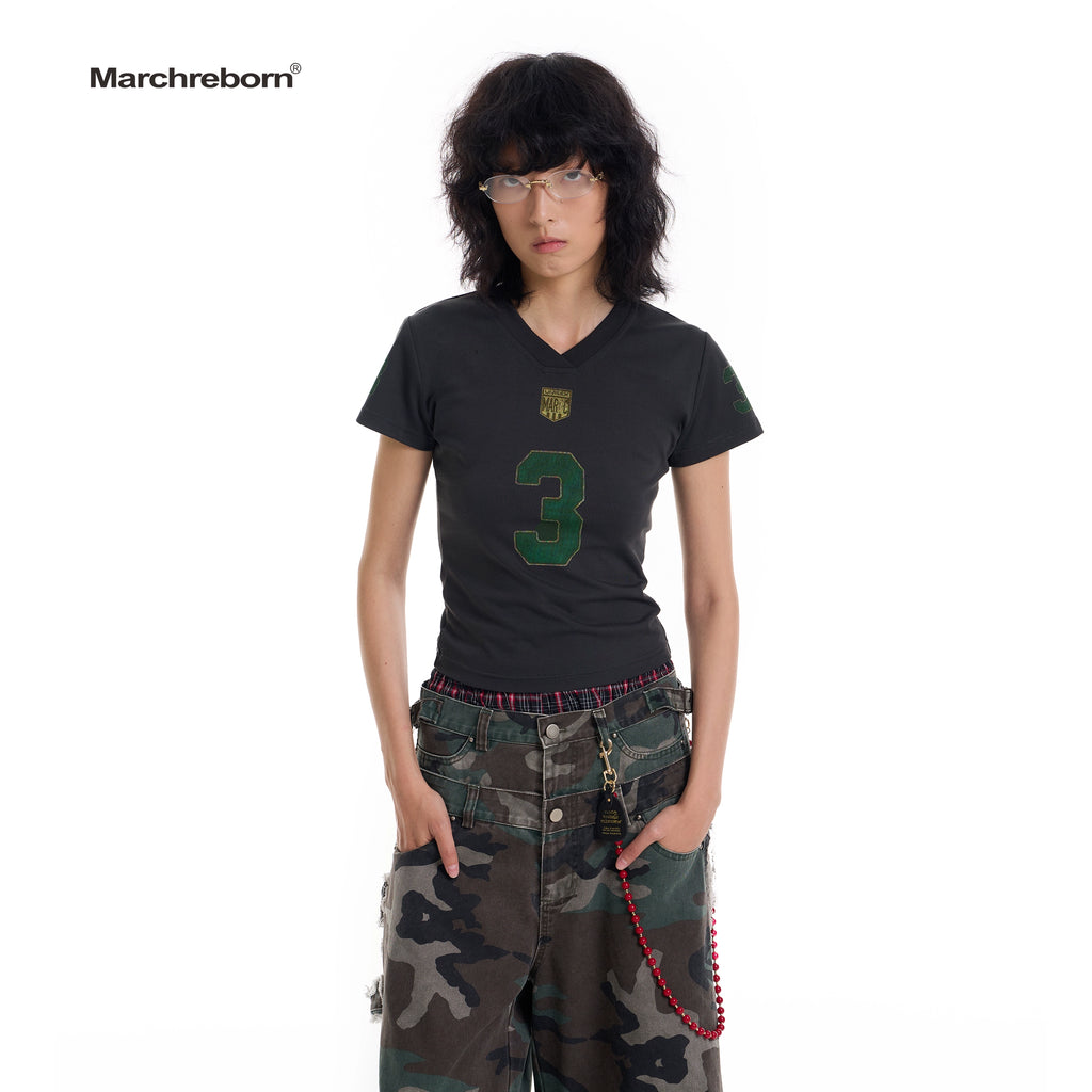 March Vintage Jersey Summer V-neck Digital Print Tee