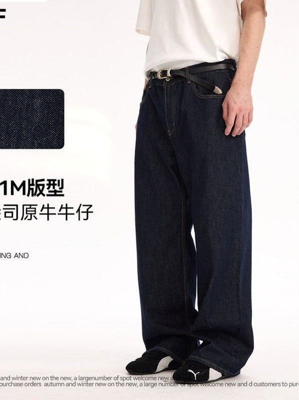 UNF 130z Dark Blue Raw Cow RAW Denim Loose Straight Jeans
