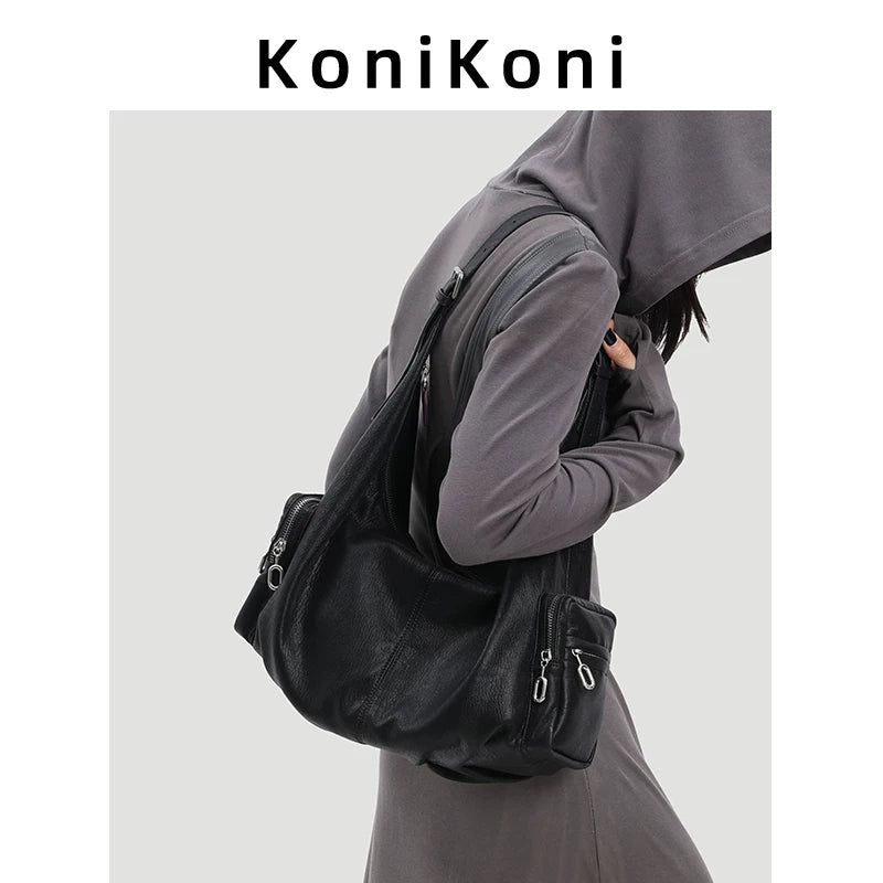 KoniKoni Black Leather Zip-Top Underarm Bag