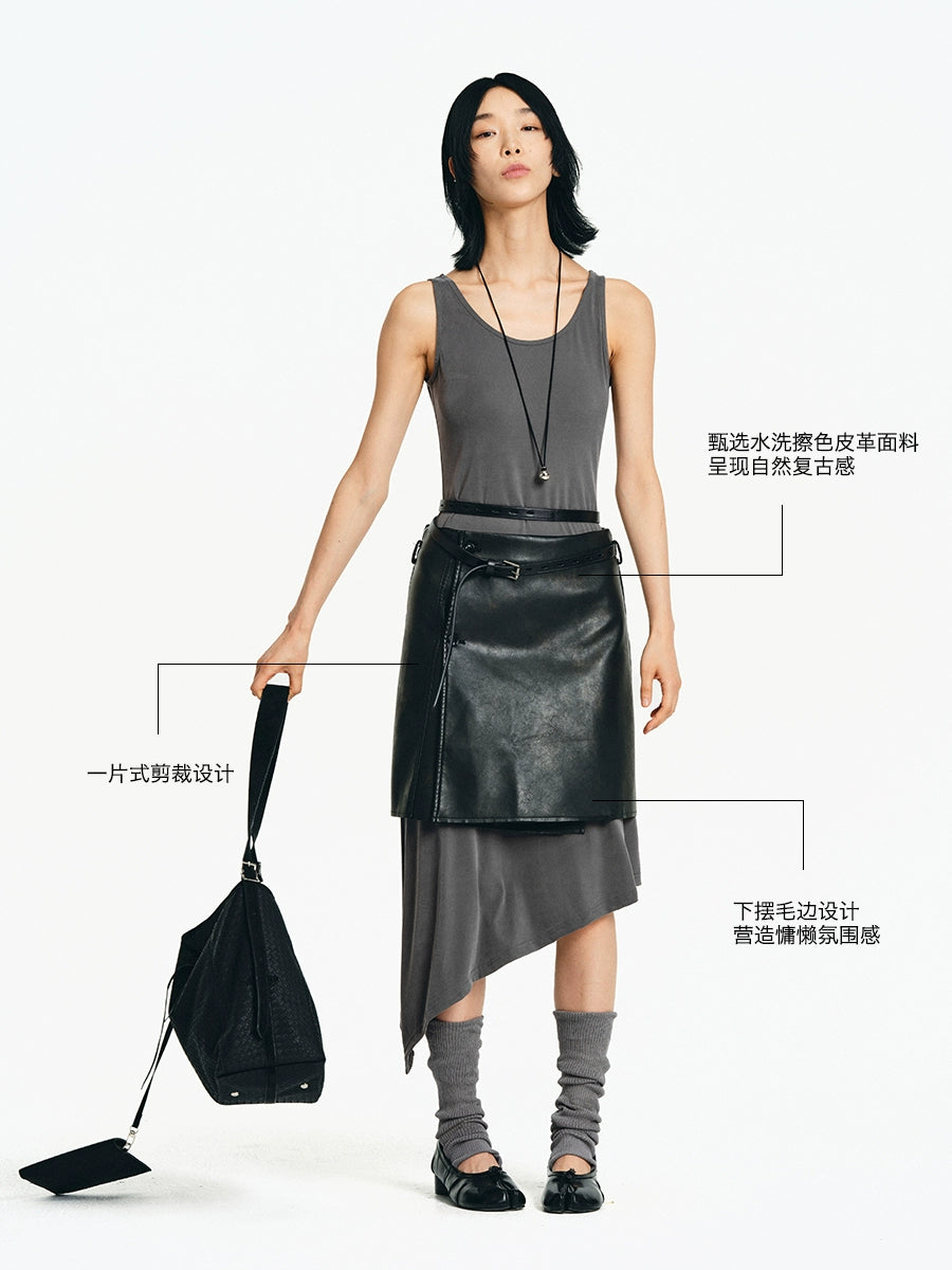 LIMPIDOCULUS Retro Feeling Old Polished Leather Skirt Short Skirt