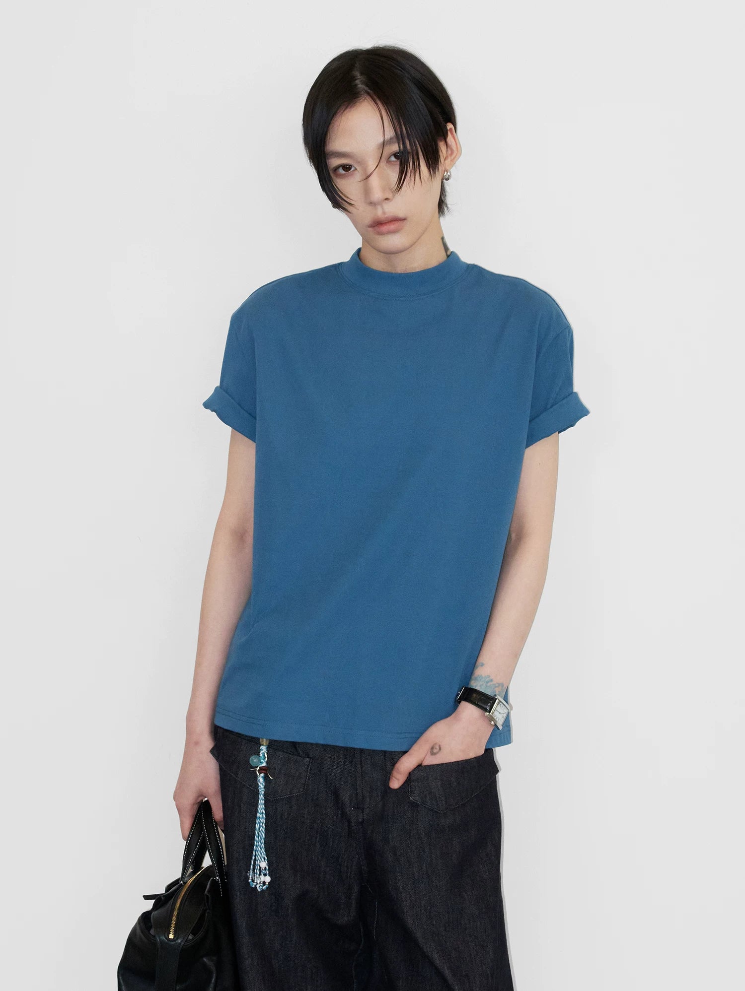 Sameuoo Small Turtleneck Shoulder Casual Tee