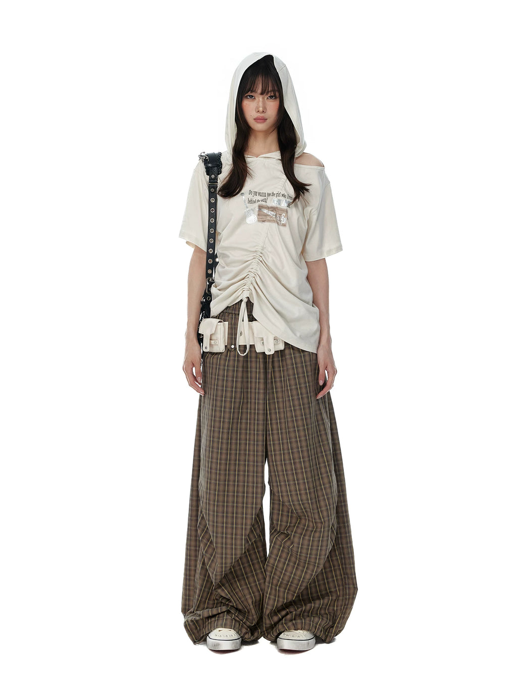 JIKOO Plaid Elastic Waist Drawstring Pleated Trousers