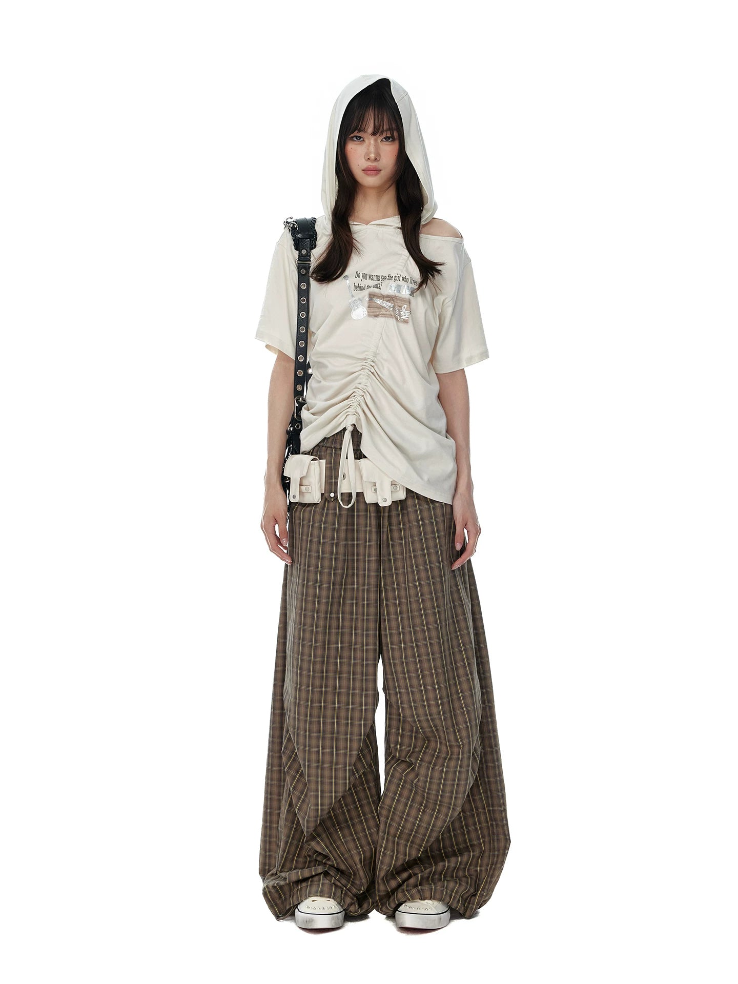 JIKOO Plaid Elastic Waist Drawstring Pleated Trousers