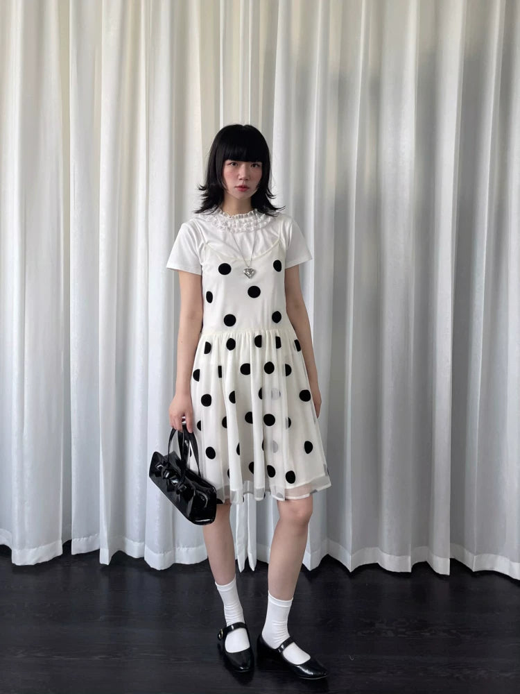 Loosesmell Splicing Pleated Dot Mesh Suspender Skirt