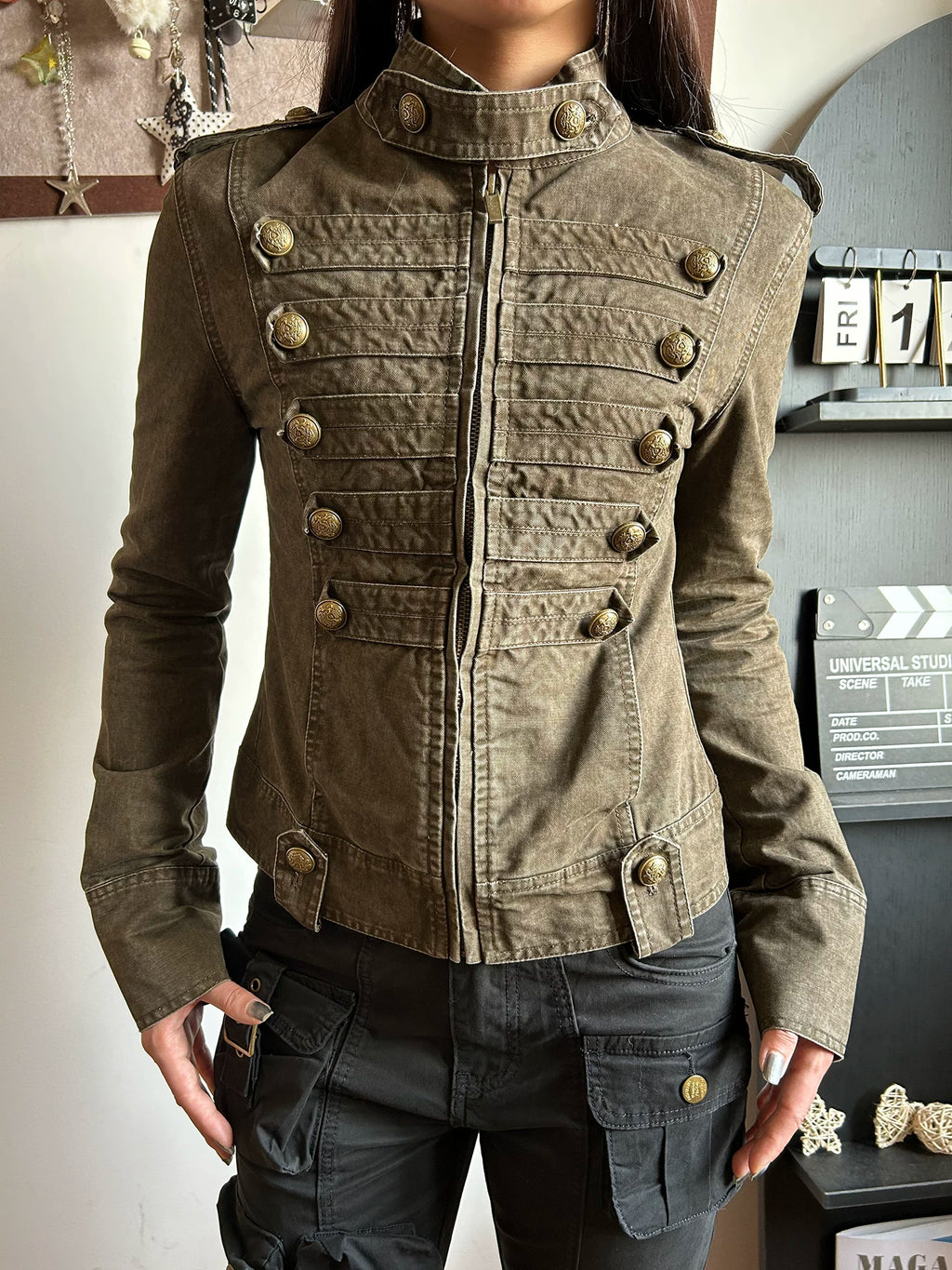 KISMETS Vintage Double-Breasted Slim Fit Military Jacket