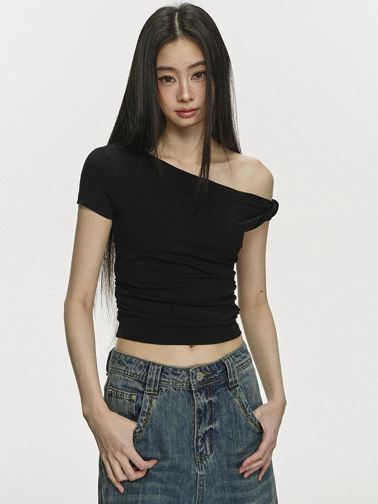 Anna Aneae Slanted Shoulder Slim Temperament Short Knit Tee