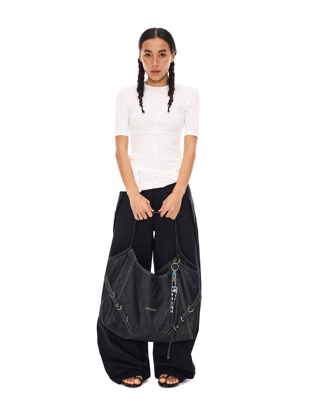 COSTUSTOOT Black Denim Magnetic Snap Shoulder Bag