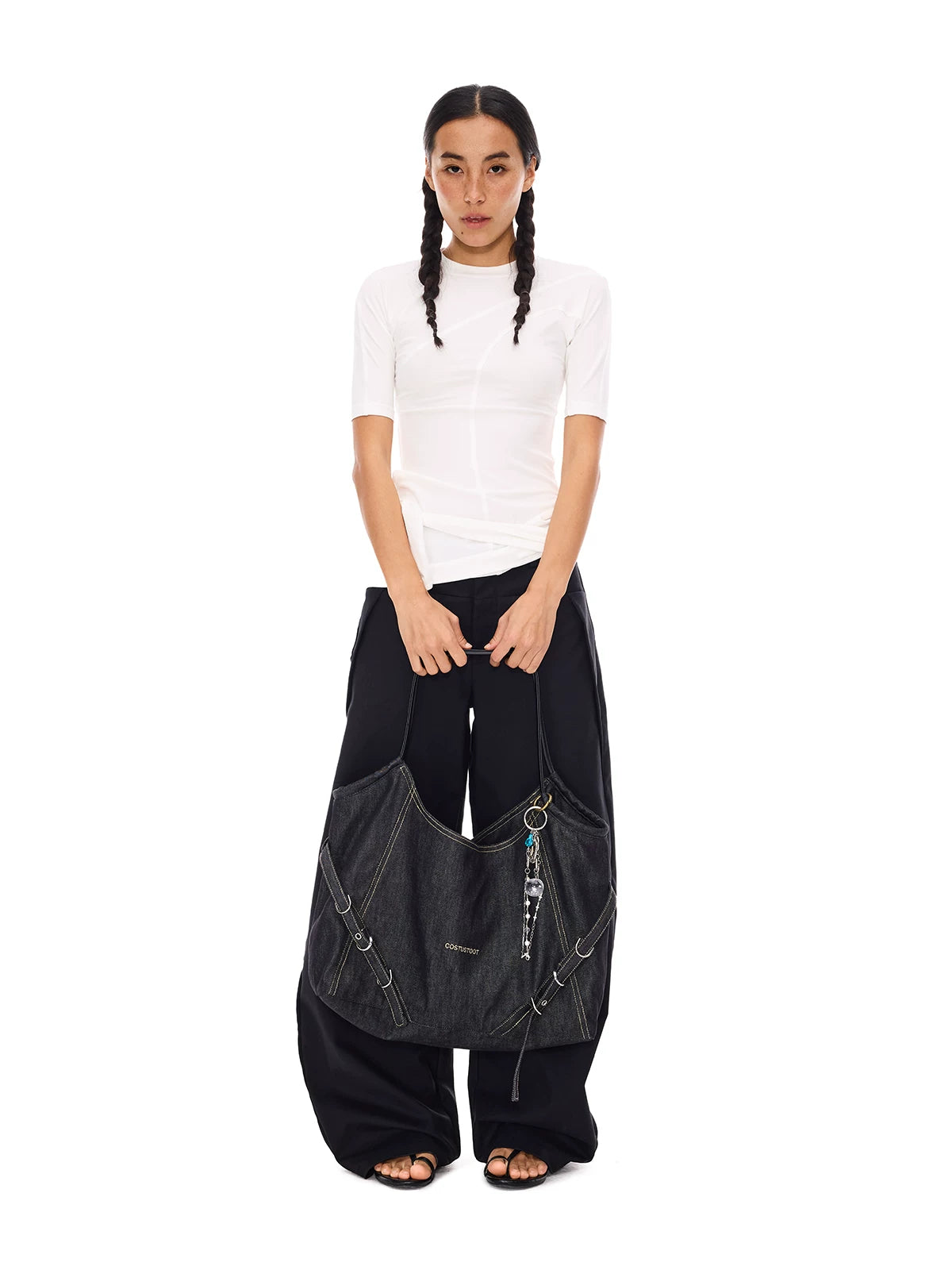 COSTUSTOOT Black Denim Magnetic Snap Shoulder Bag
